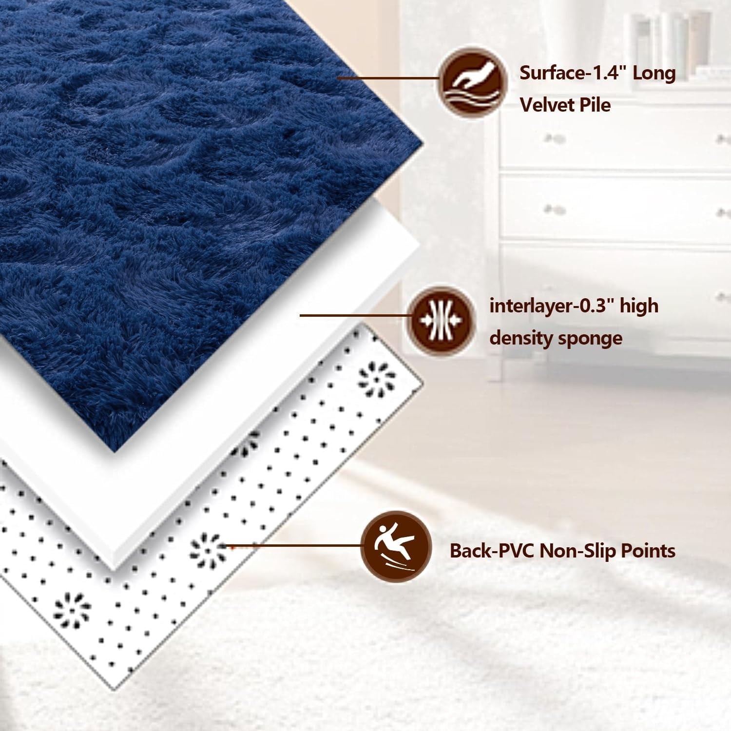 Fluffy Area Rug Large Dark Blue Soft Shaggy Carpet for Living Room Bedroom Floor
