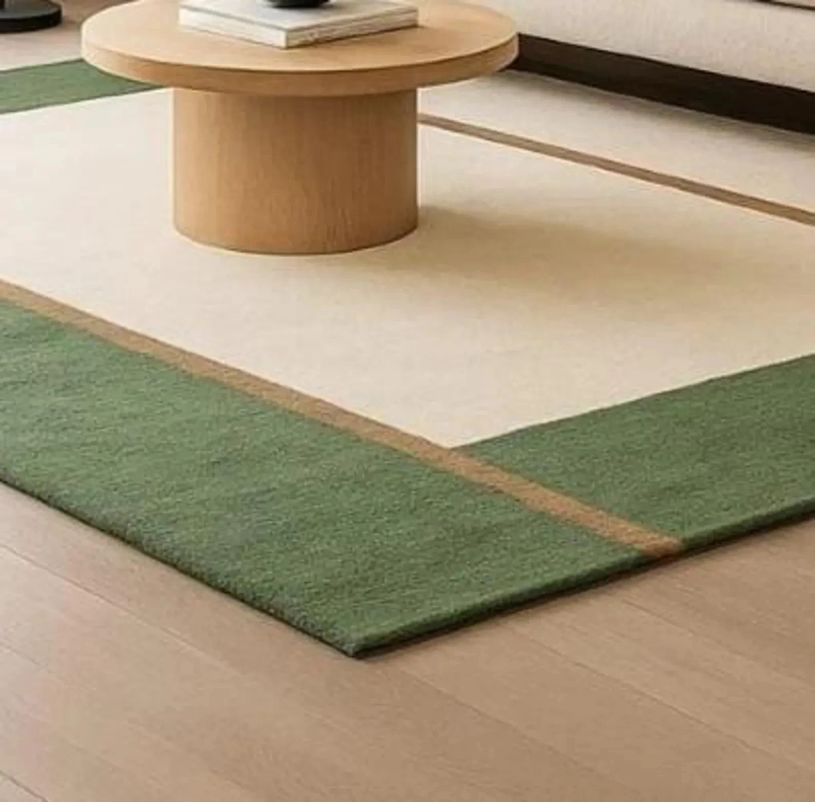 Hand Tufted Wool Area Rug: Cream with Green Border, Modern Carpet