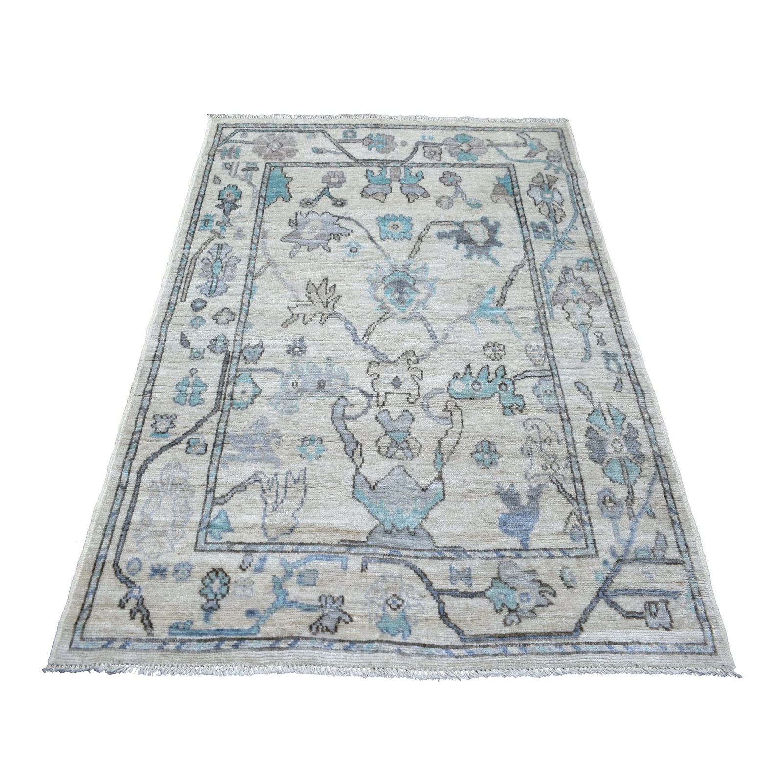 4’1″x5’10” Beige Afghan Angora Oushak Leaf Design Hand Knotted Wool Rug R71464