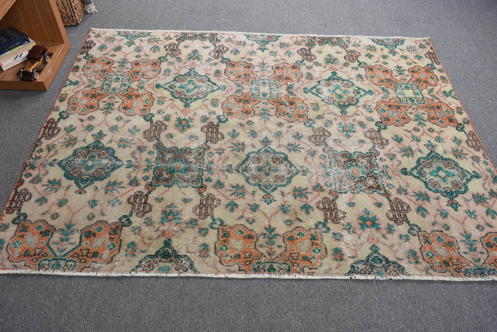Turkish Vintage Large Rug 8,4×5 ft, Orange Camouflage Rug Wool