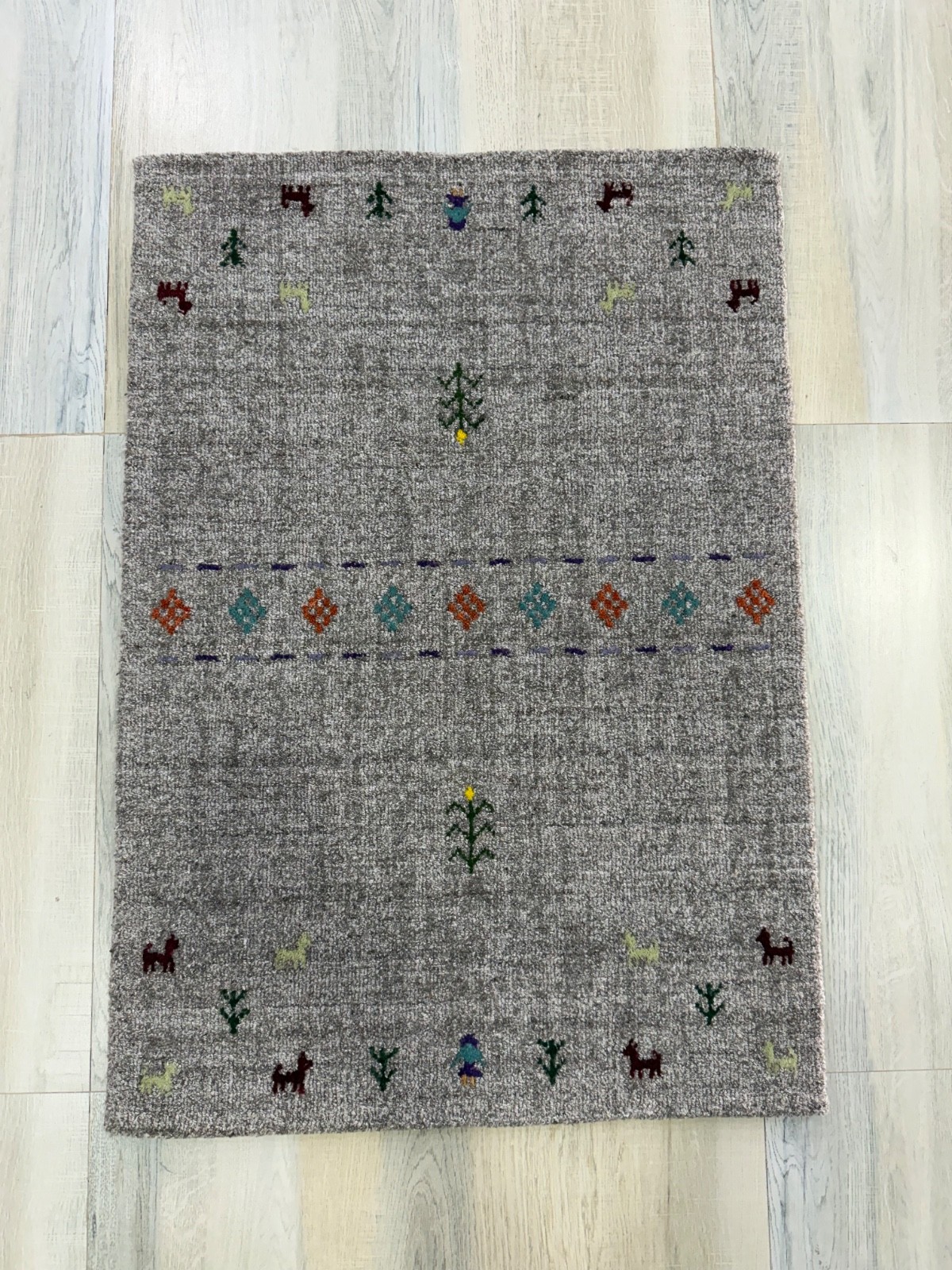 Handmade Gabbeh Wool Rug 2 x 3 ft Ash Grey Minimalist Oriental Tribal Carpet