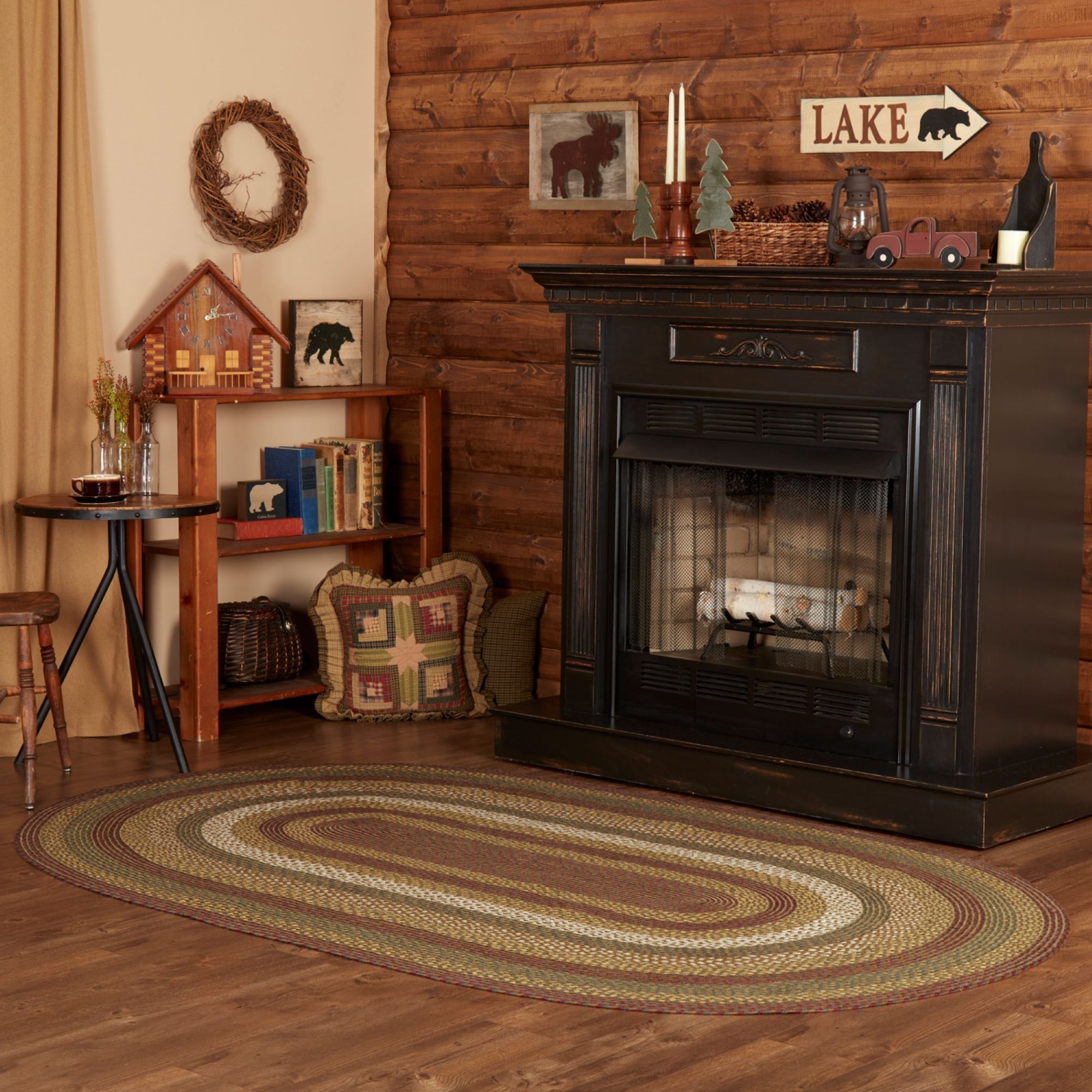 VHC Tea Cabin Green Crimson Creme Country Cabin Oval Braided Rug