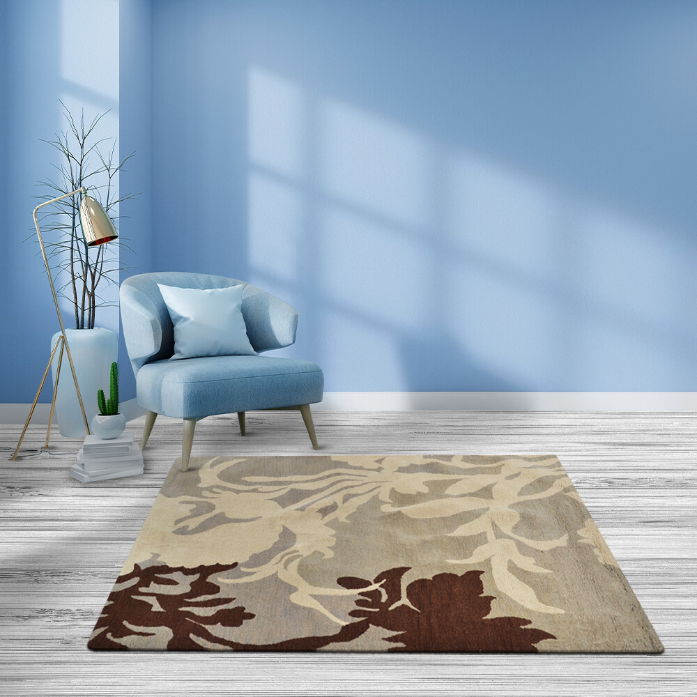 Hand Tufted Wool Square Area Rug Floral Gray White BBH Homes BBK00511