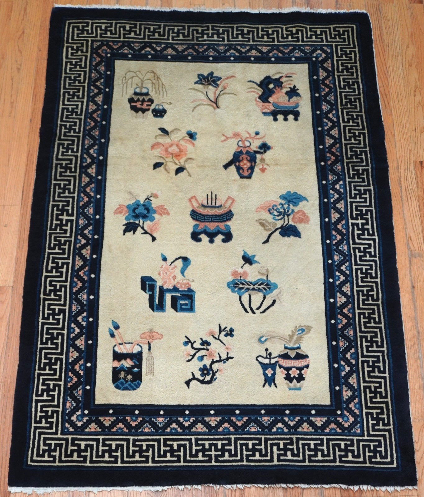 Antique Chinese Peking 4′ x 6′ Hand Knotted Wool Ivory Oriental Rug Excellent