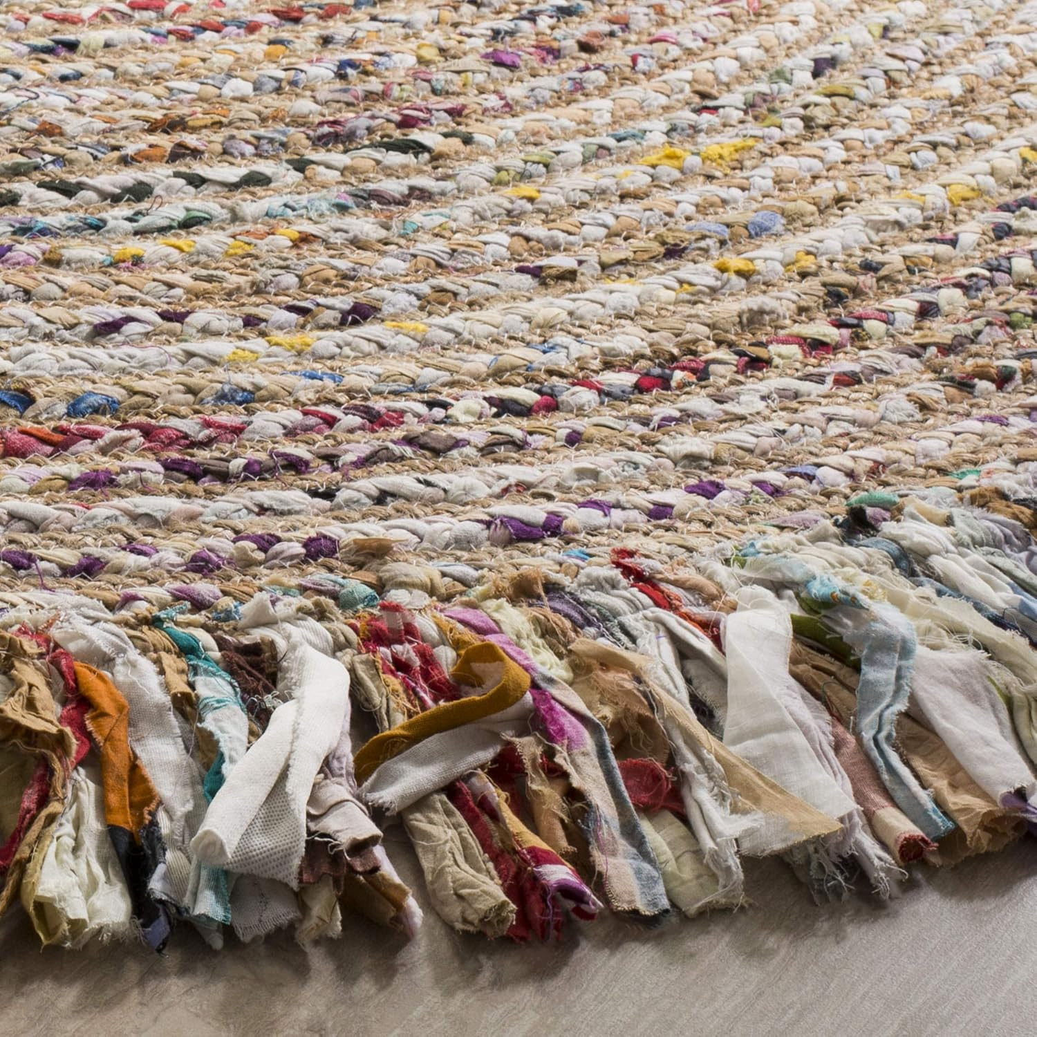 Boho Fringe Jute & Cotton Area Rug – 5′ Round, Ivory & Light Beige