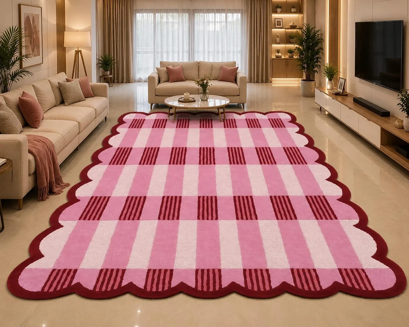 Premium Wool Hand Tufted Area Rug scolleped rug: Abstract checkerboard Area rug