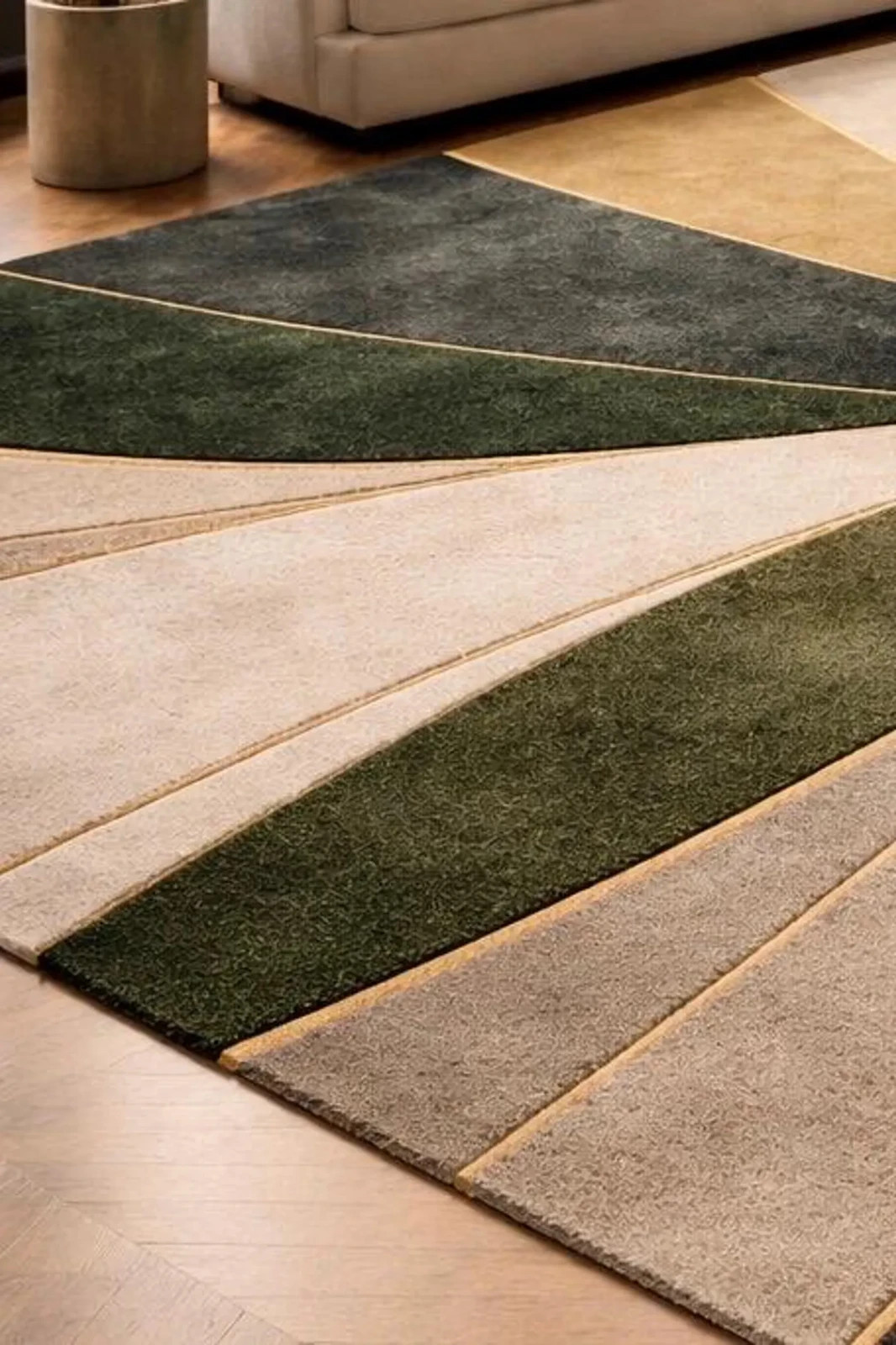 Hand Tufted Wool Rug Abstract Sunburst Design, Green Beige Modern Area Rug.