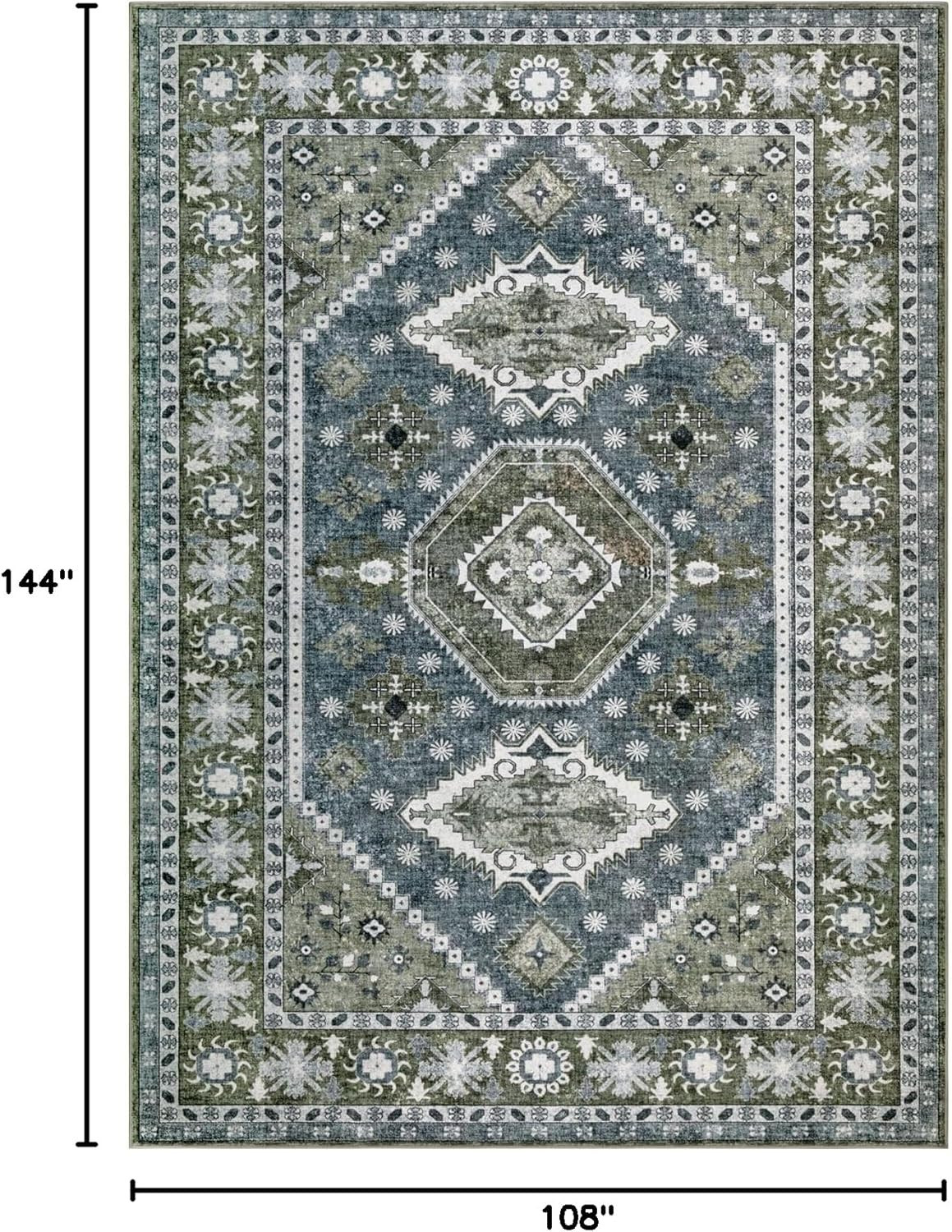 Boho Chic Large Washable Area Rug 9×12 in Dark Blue & Green for Living Room