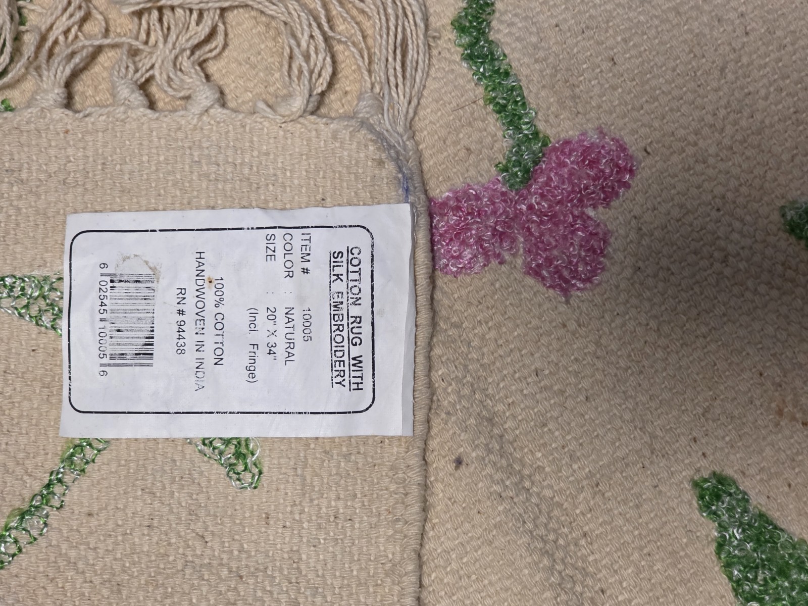 Handwoven Cotton Rug Silk Embroidery Floral Fringe Accent Rug 20×34 India