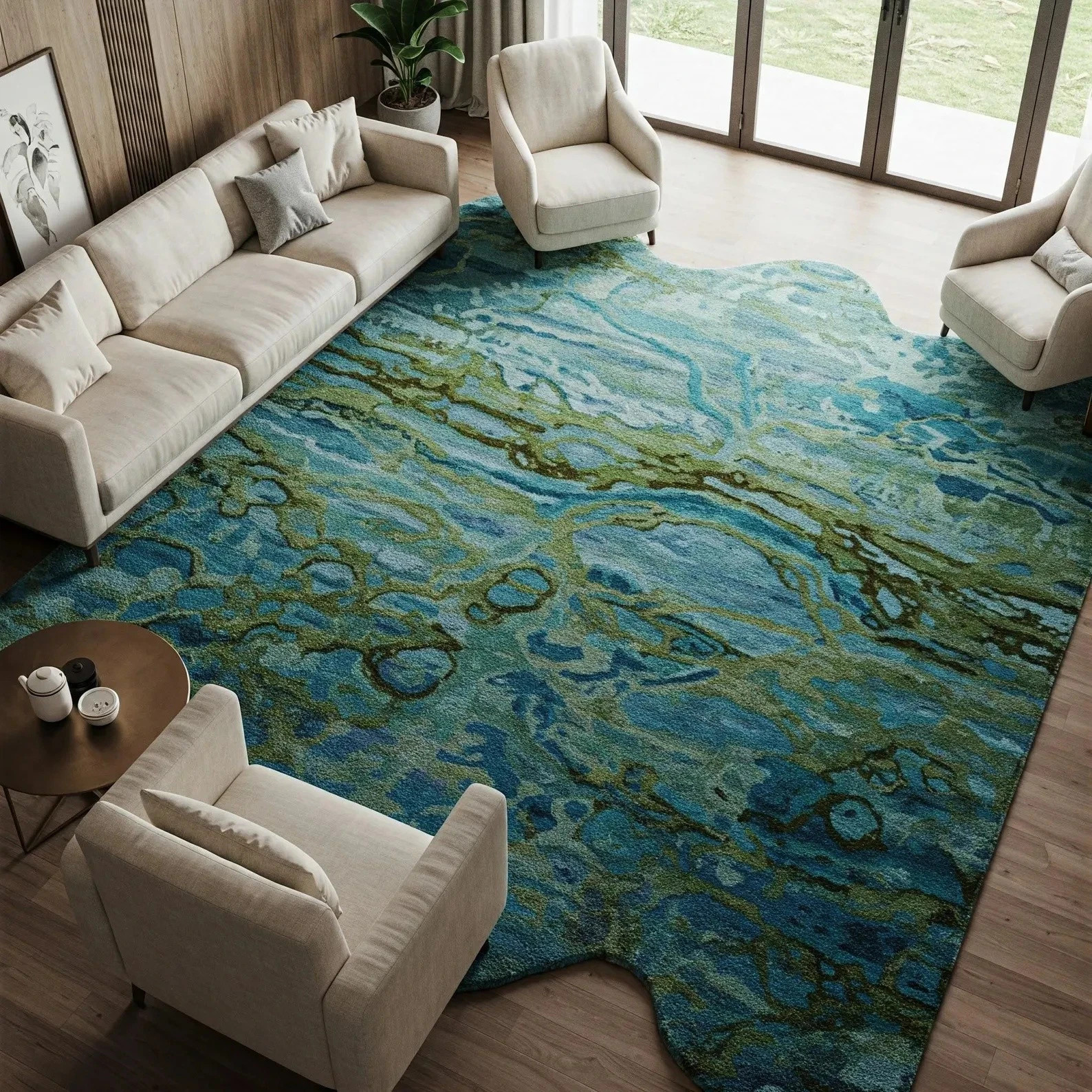 Sage Green Teal Blue Hand Tufted Abstract Design Rug for living room office etc.