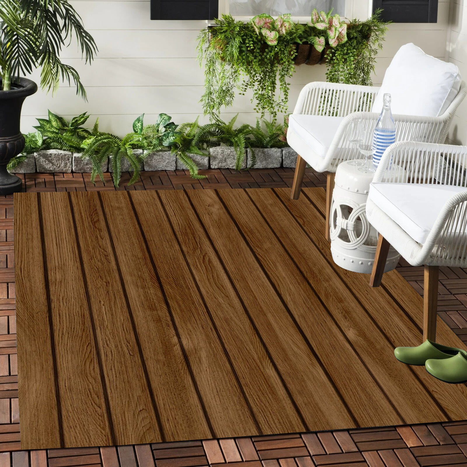 Rustic Wood Grain Reversible Outdoor Rug Brown Wooden Board Pattern Area Rugs