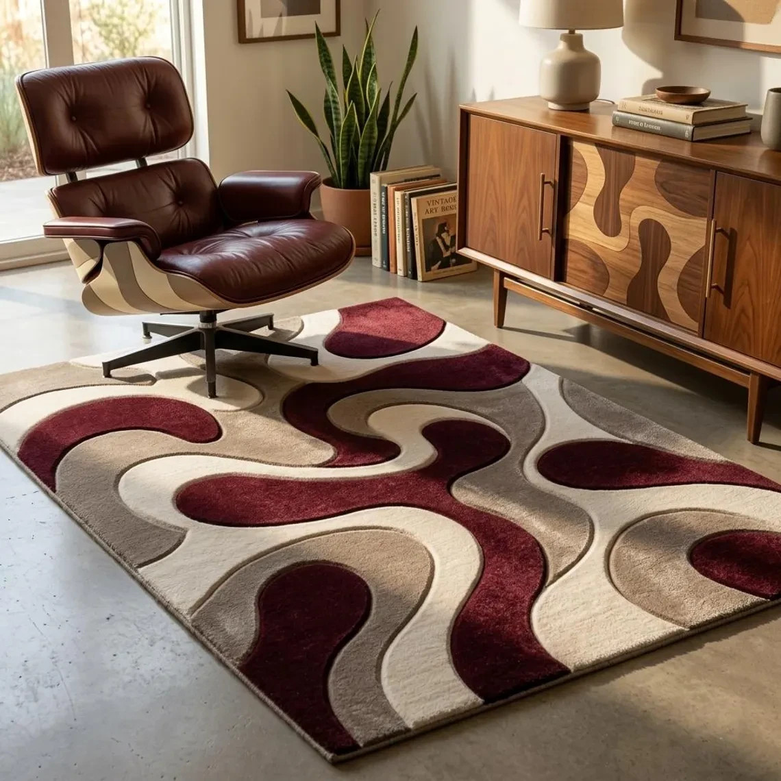 Hand Tufted Abstract Burgundy Beige Wool Rug, Modern Living Room Area Rug Carpet
