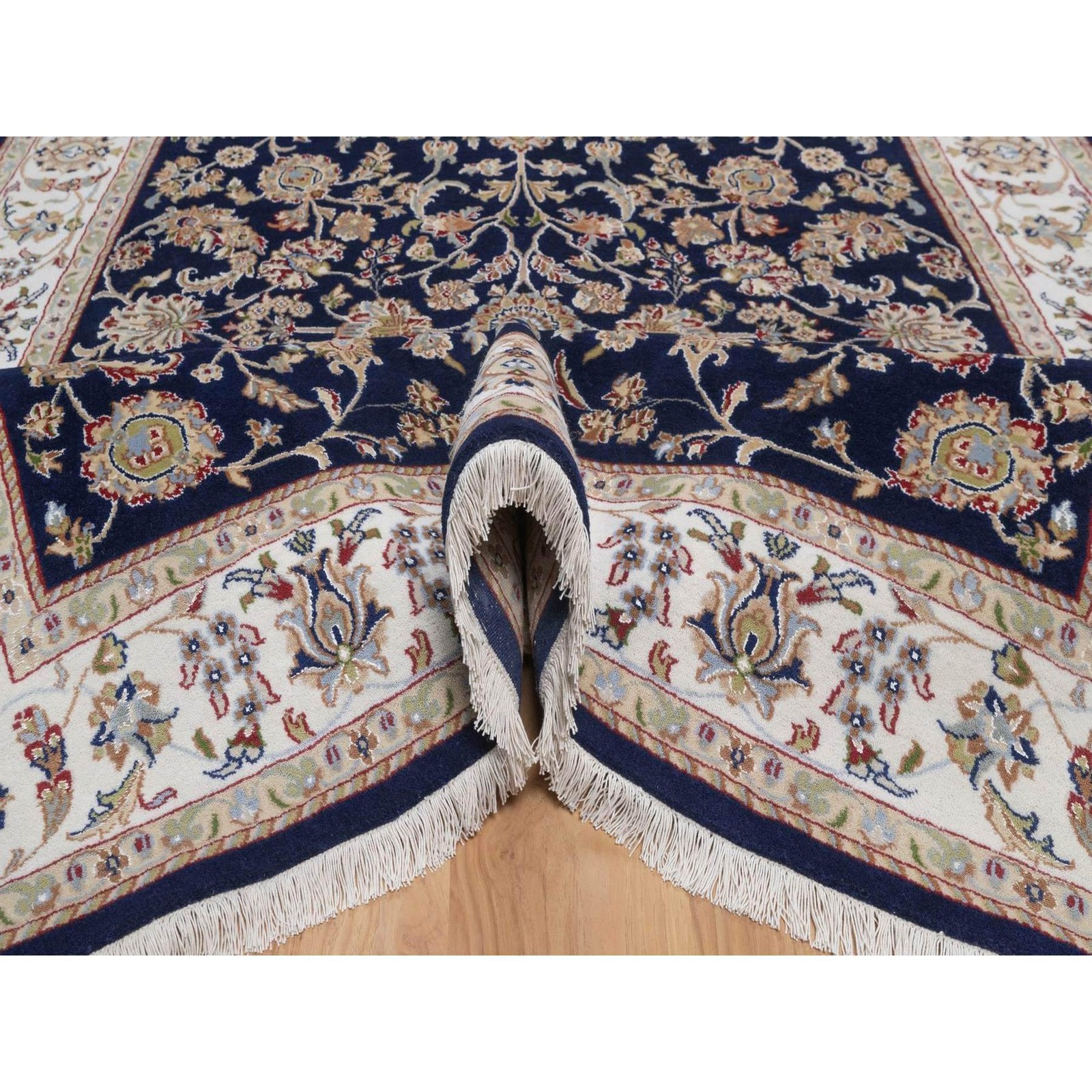 6’x9’5″ Midnight Blue Nain Wool and Silk Soft 250 KPSI Hand Knotted Rug 92555