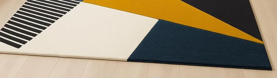 Geometric Wool Area Rug, Navy, Mustard, Cream, Hand-Tufted Area Rug Carpet.