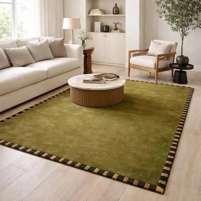 9×12 ft Hand-Tufted Wool Rug Olive Green Handmade Area Rug Modern Livingroom Rug