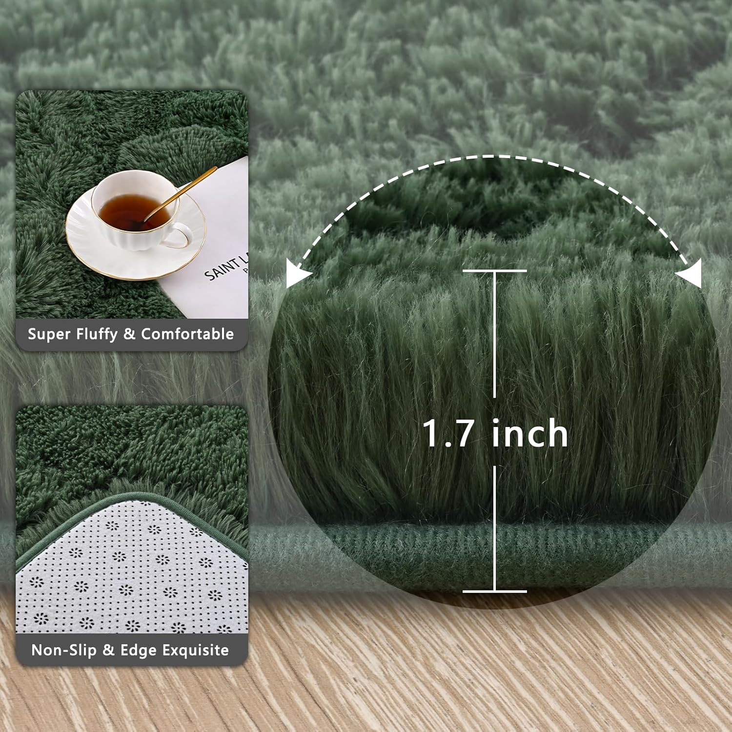 Deep Green Runner Area Rugs for Bedroom Living Room, 2X4 Feet Fluffy Bedside Rug