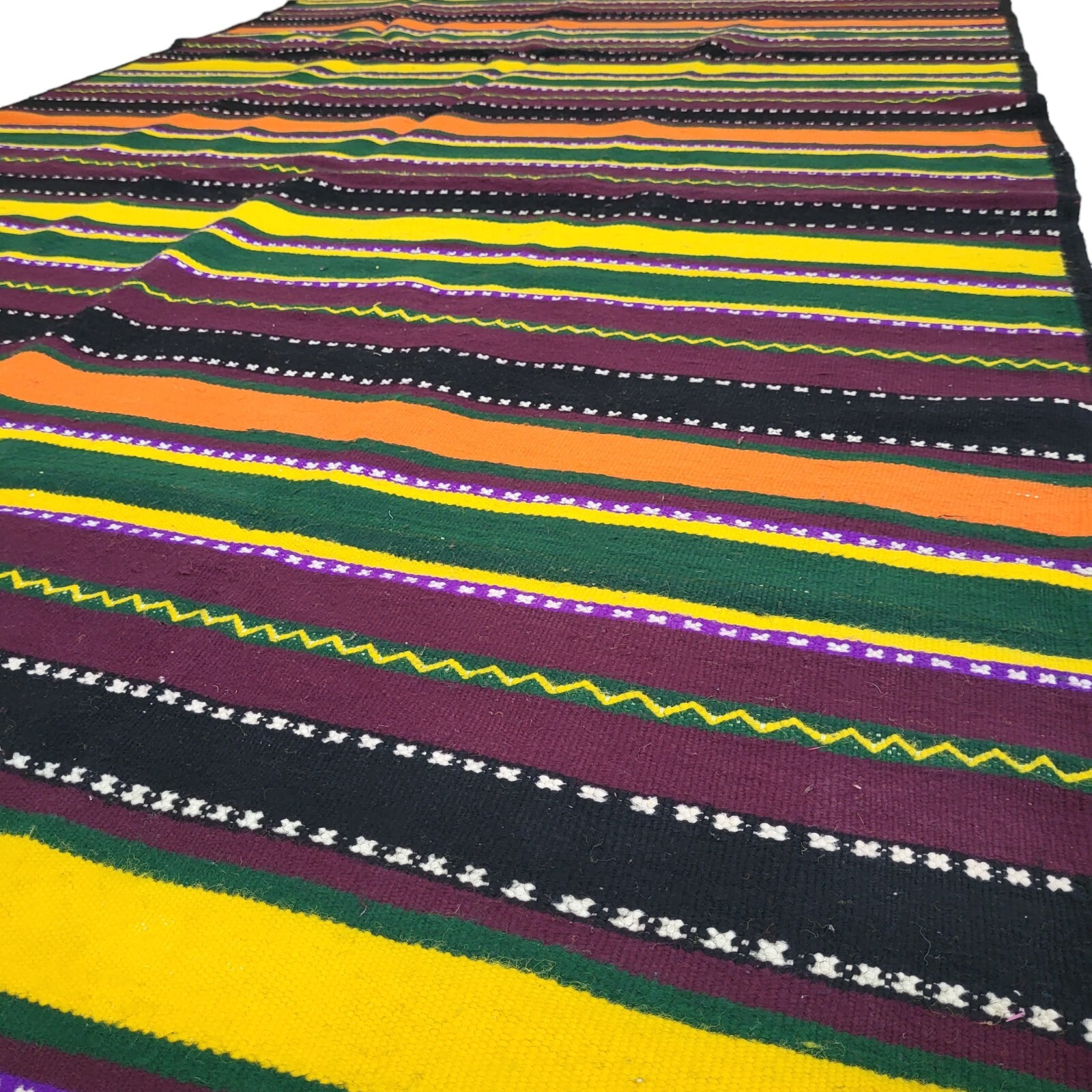 Vintage Handmade Moroccan Rug Orange Black Gold Stripe Berber Tribal Wool Carpet