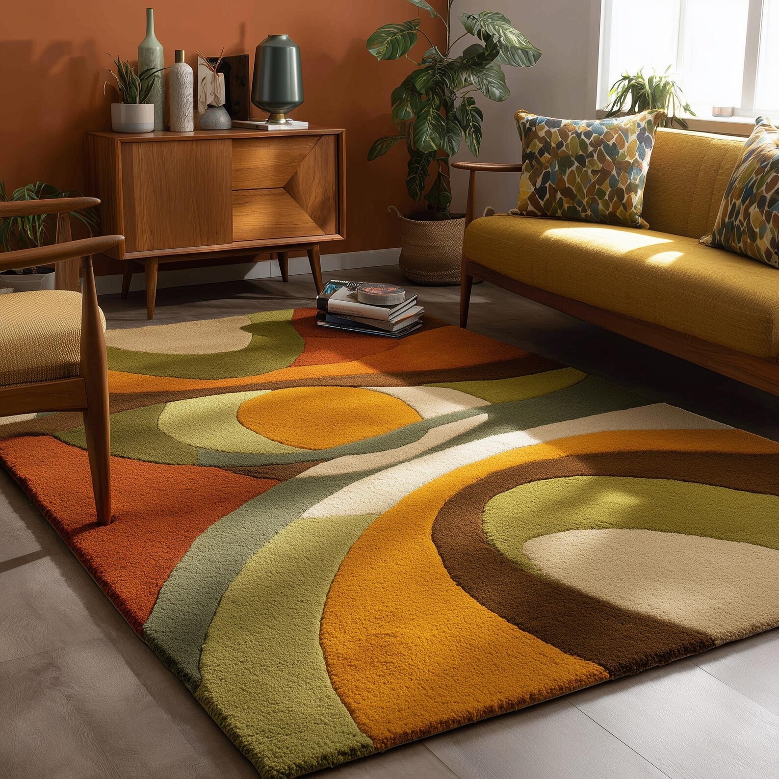 Mid-Century Modern Wool Rug: 70s Wavy Abstract Design Teppich, Handmade Rug