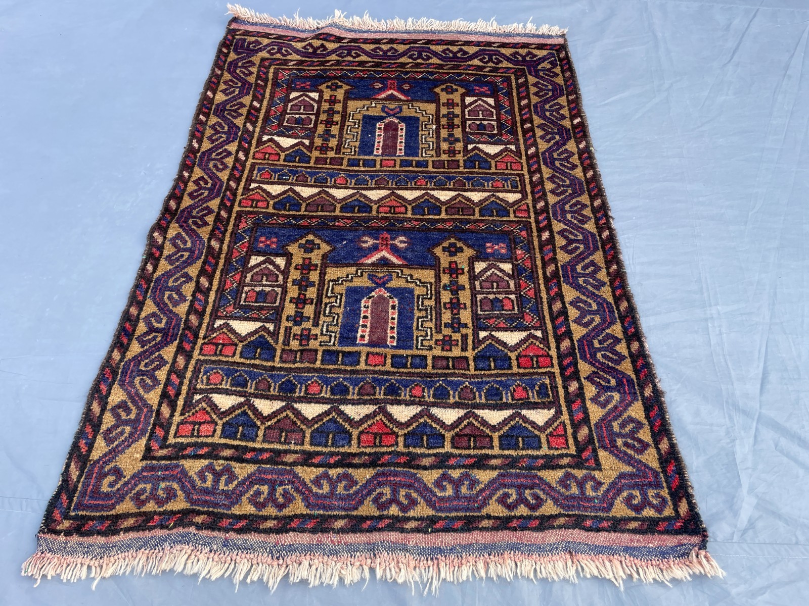2×4 Architectural Baluchi Wool Rug with Pictorial Building Motifs N Tribal