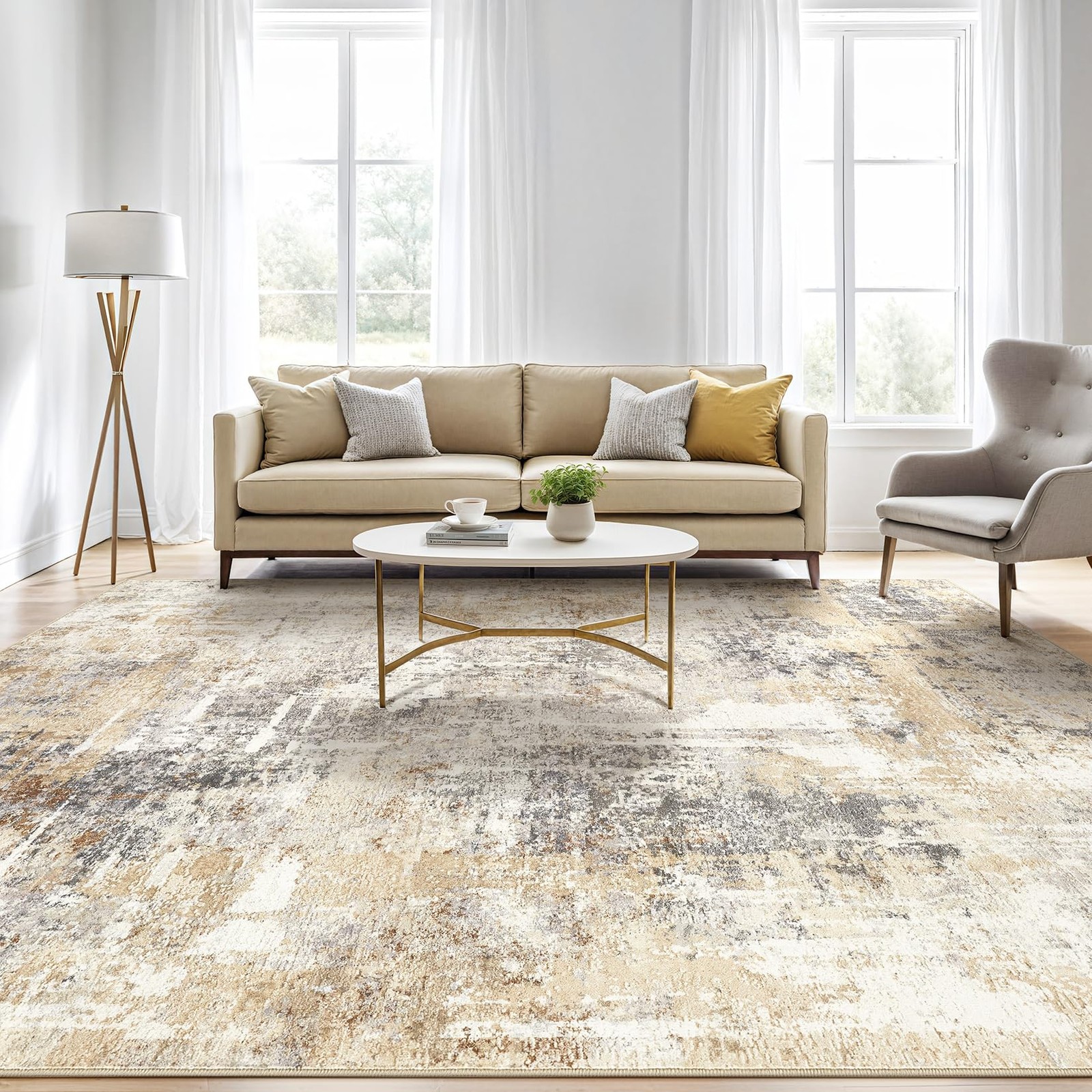 Area Rug Living Room Rugs: 5×7 5′ x 7′ (Rectangular) Abstract Gray Gold