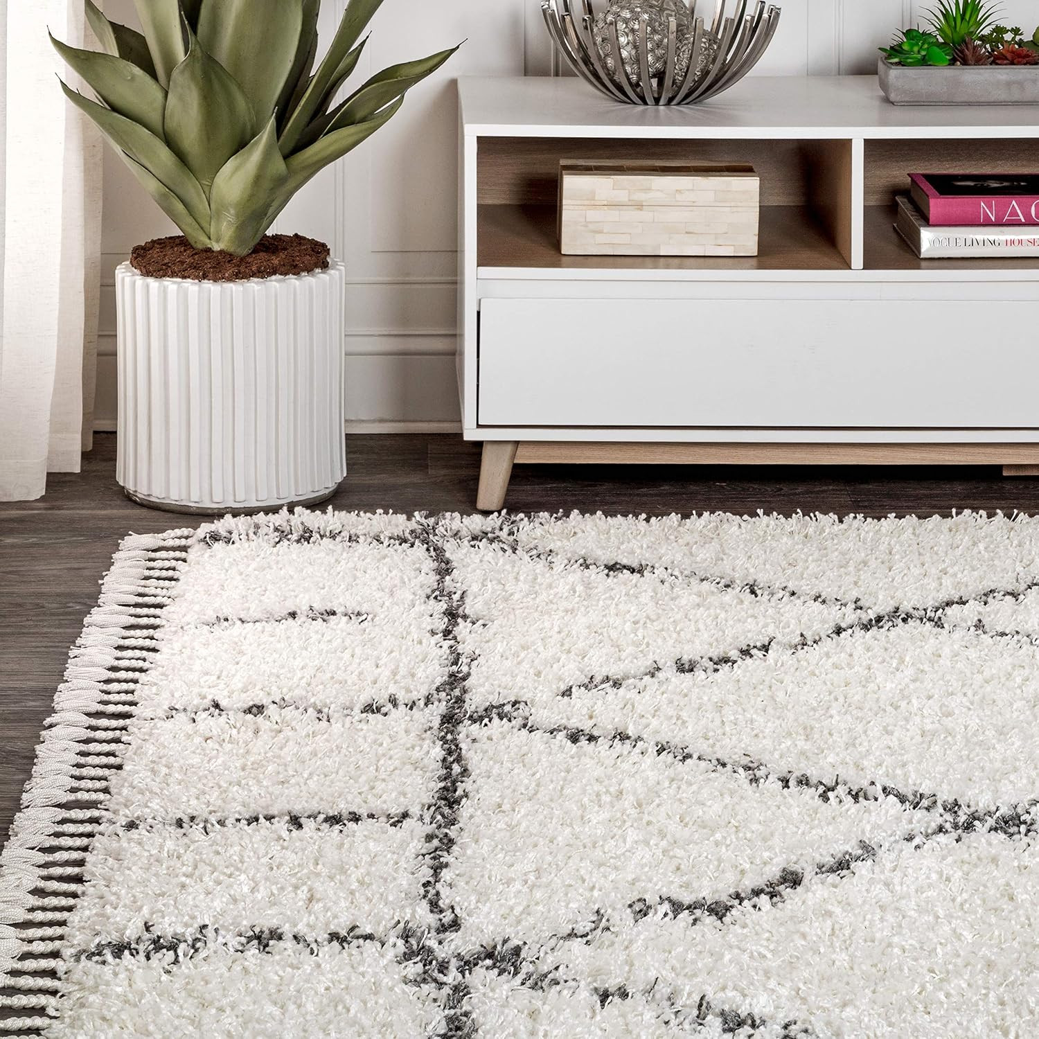 Mercer Shag Plush Tassel Ivory/Gray Indoor Area Rug, 3X5, Moroccan Geometric Tre