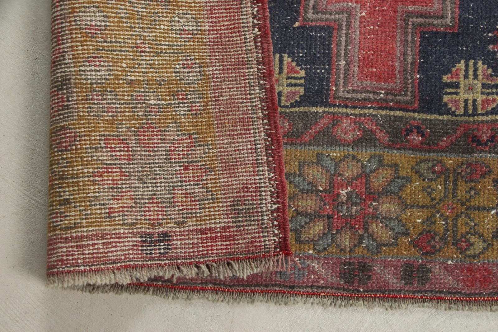 Turkish Vintage Rug, 3,8×7,2 ft Rug, Red Blue Bordered Rug