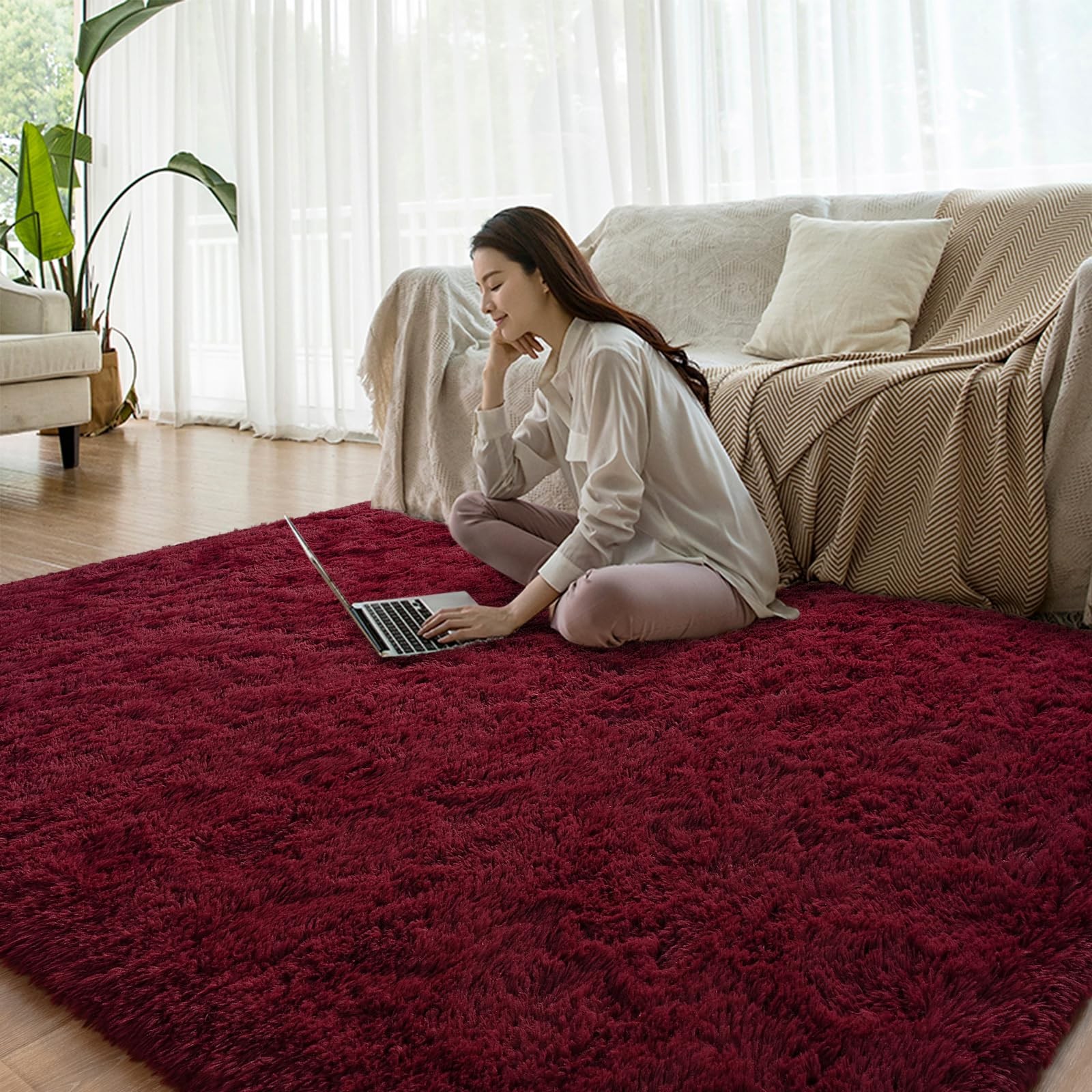 Burgundy Red Runner Area Rugs for Bedroom Living Room, 2×6 Feet Fluffy Bedsid…