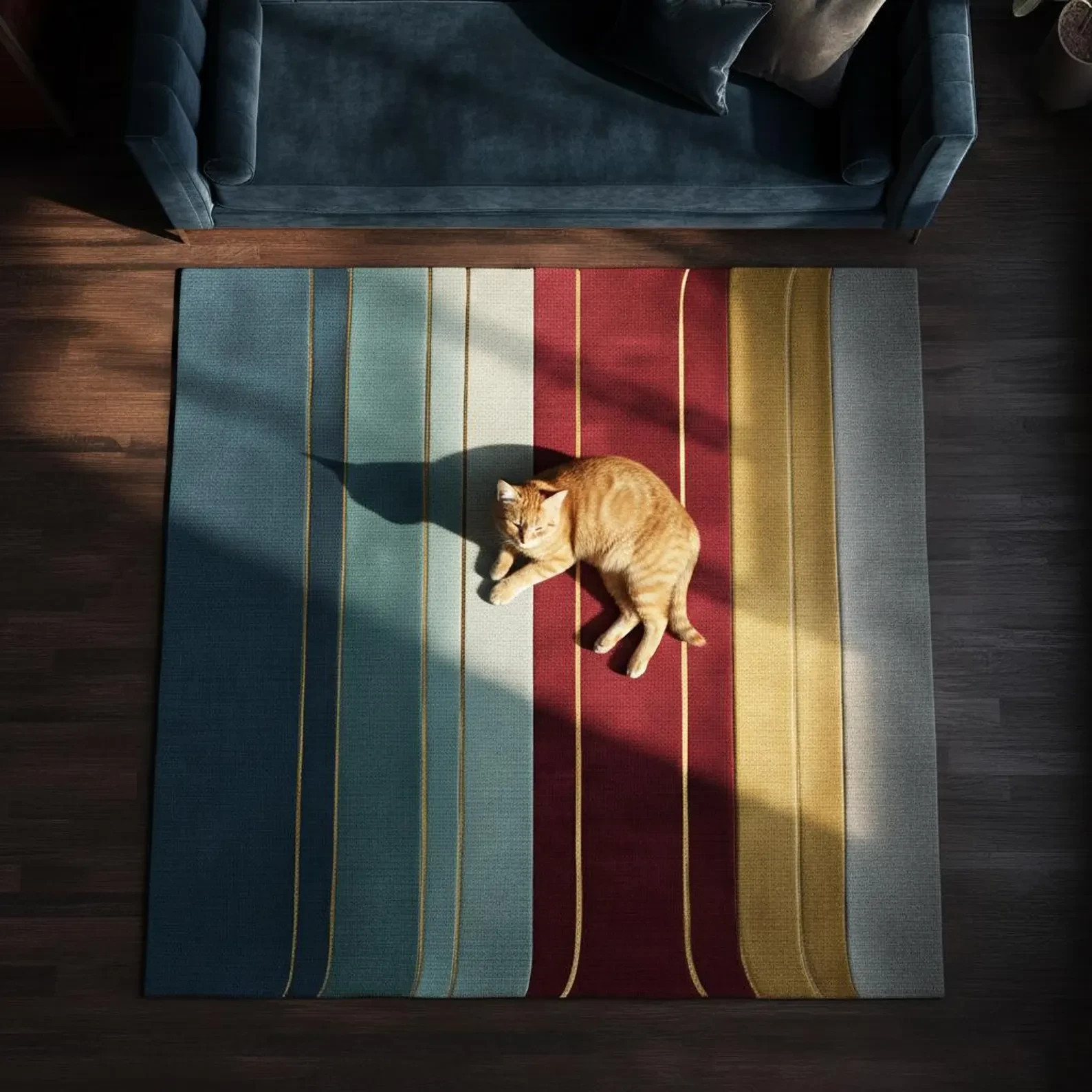 Hand-Woven Flatweave Wool – Metallic Gold Striped Pattern, Rich Jewel Tones Rug