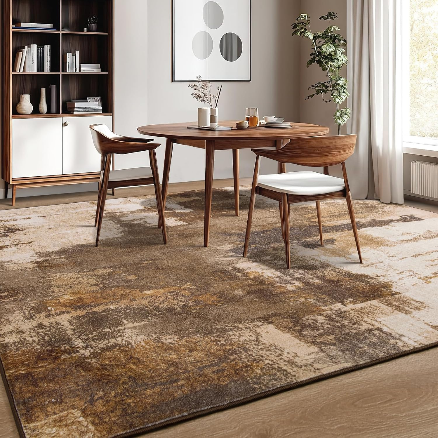 Living Room Rug, 5X7 Rug Modern Abstract Washable Rugs Brown Foldable Faux Wo…