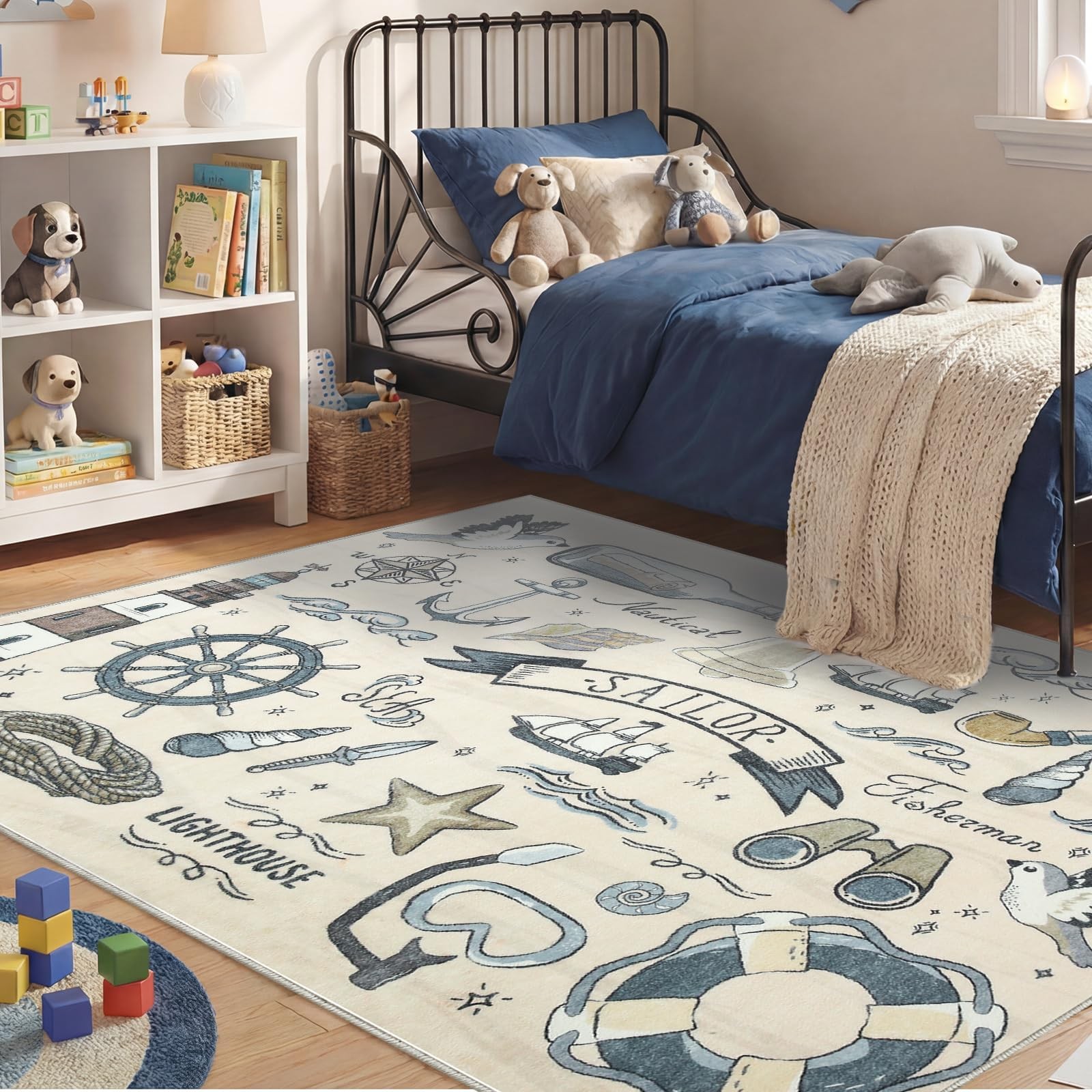 Nautical Soft Area Rugs 5×7 Washable Beige Rug with Non Slip Backing 5 x 7 Faux
