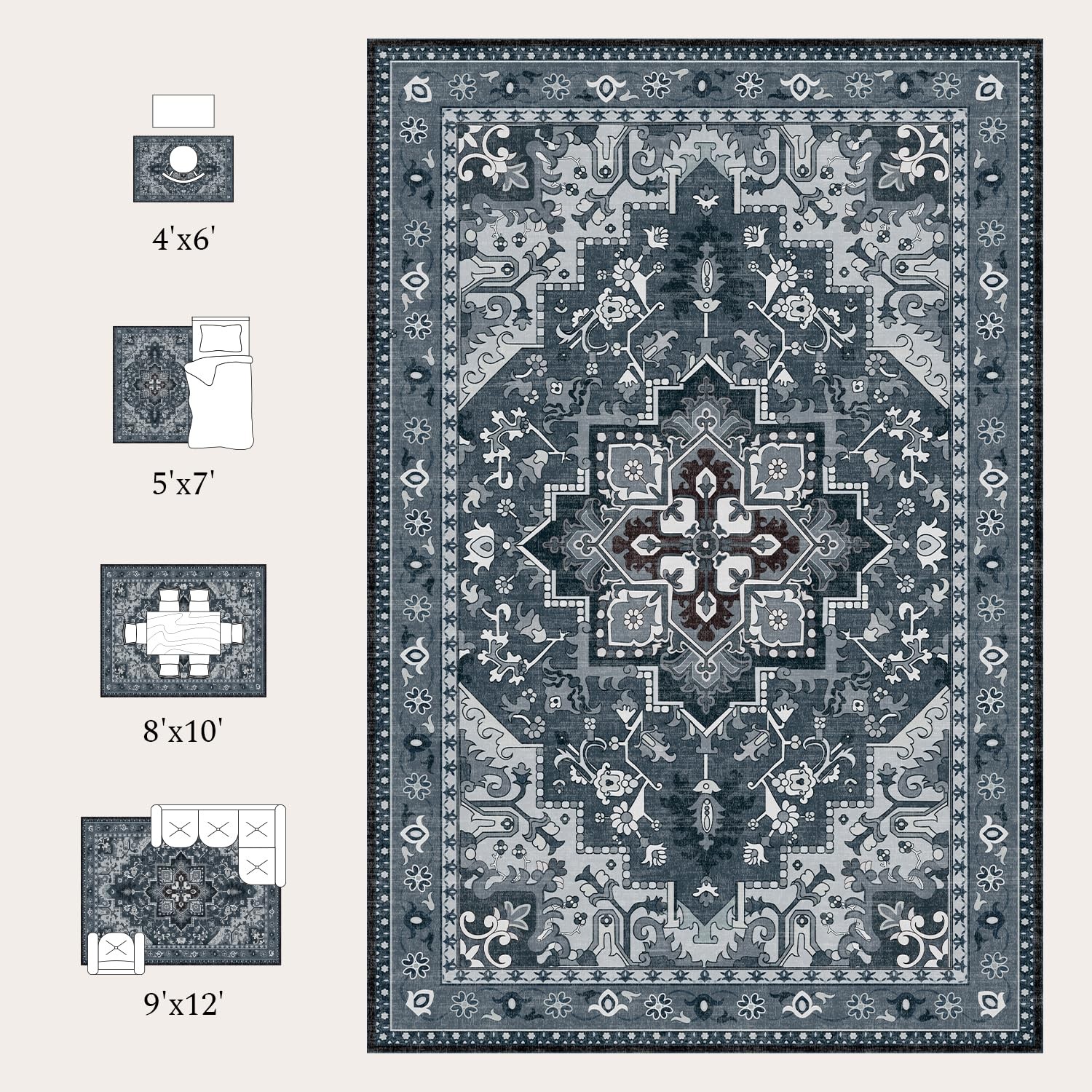 Rugflix 5×7 Machine Washable Area Rug, Dark Navy Blue Carpet for Living Room