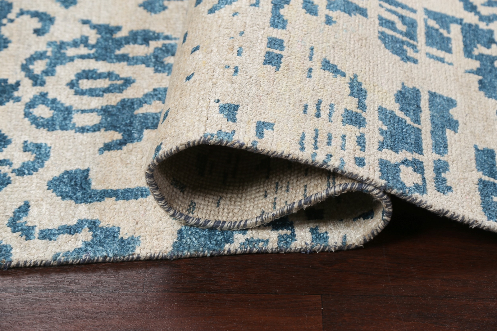 Blue/ Ivory Wool/ Silk Abstract Contemporary Oriental Area Rug Hand-Knotted 5×8