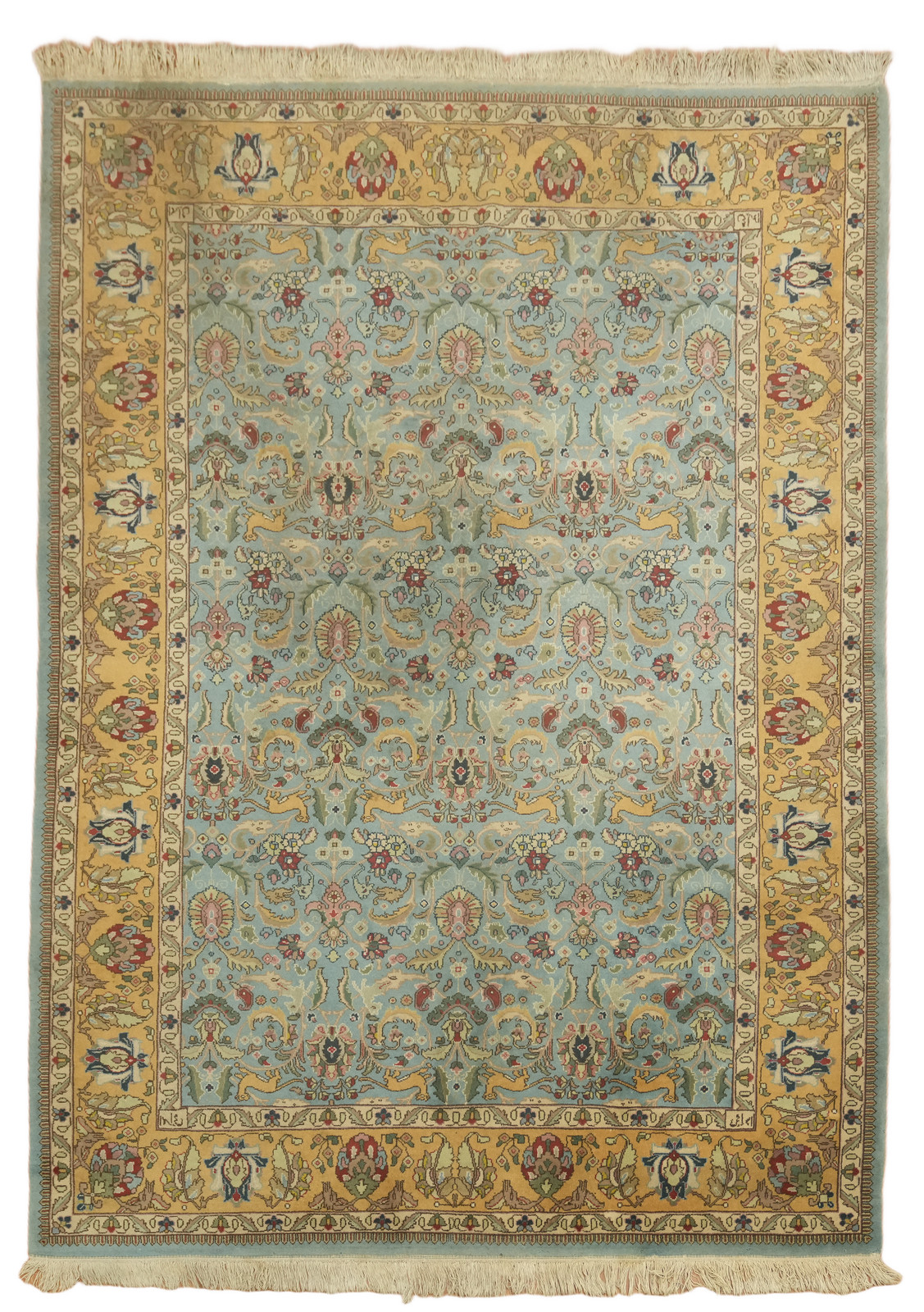 Blue Vintage 8×11 Oriental Wool Area Rug in All-Over Mustard Yellow & Blue Tones