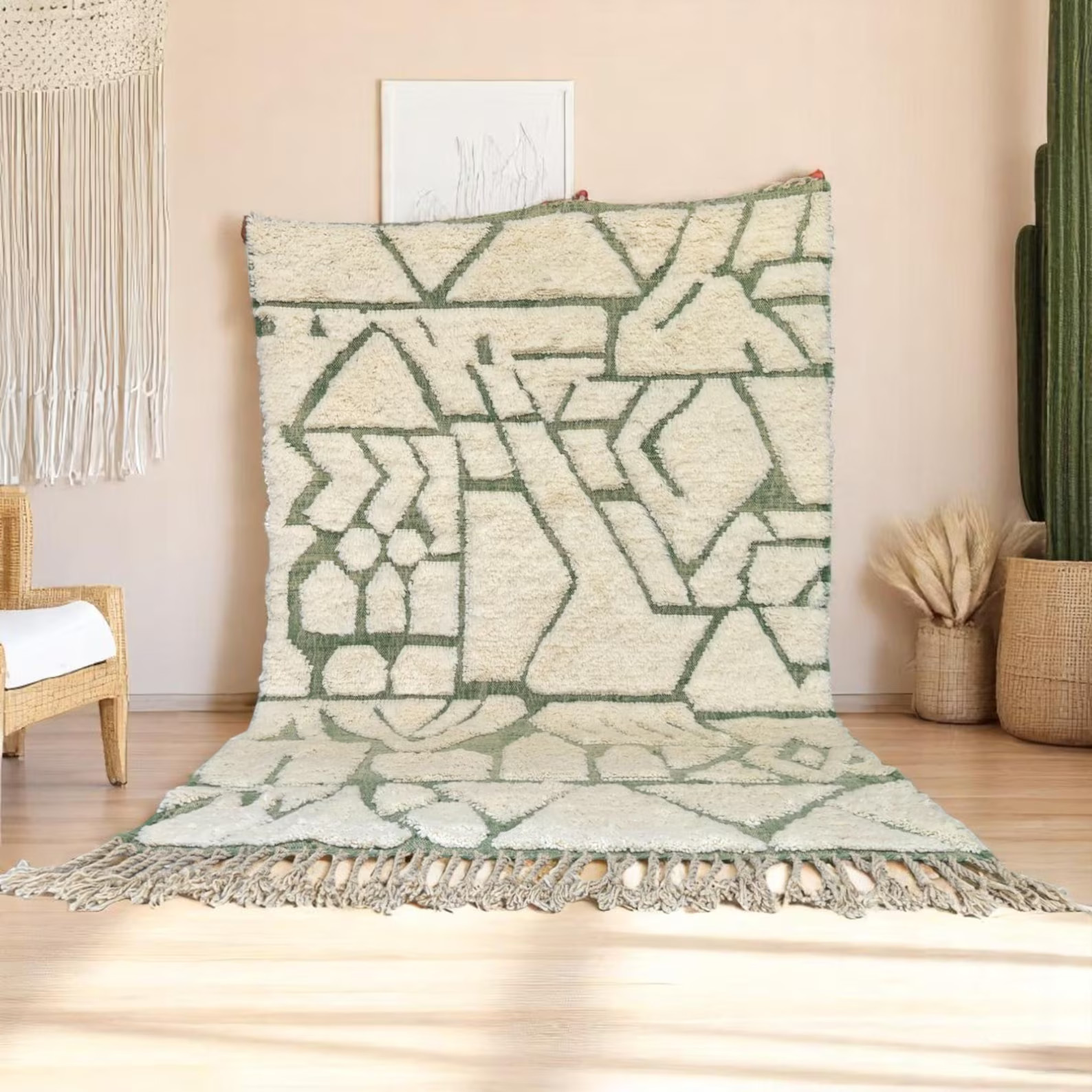 New Design Moroccan Berber Wool Rug Color Olive Green & Ivory Luxury Carpet Rug