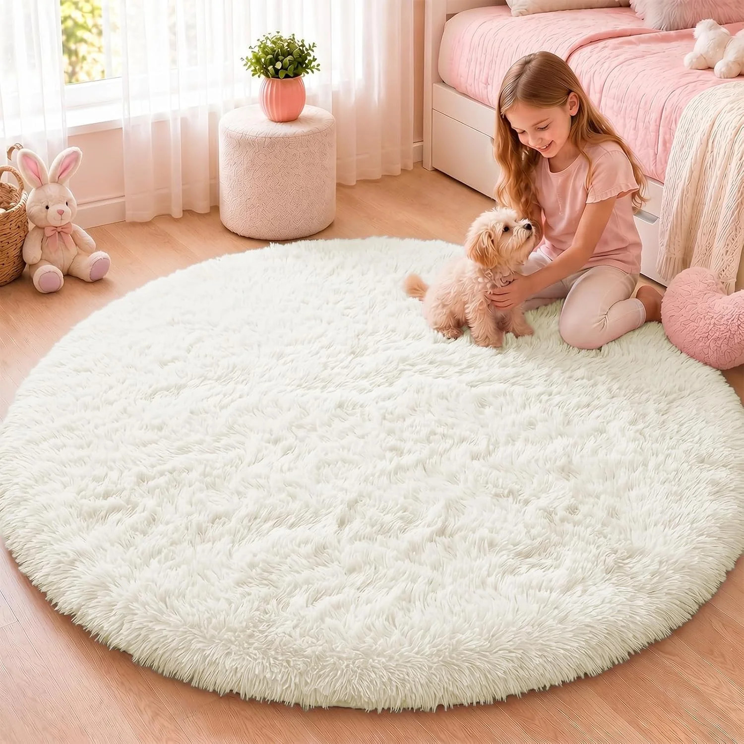 OLANLY Ivory Round Rugs for Bedroom – Machine Washable, 4 ft Circle Area Rugs fo
