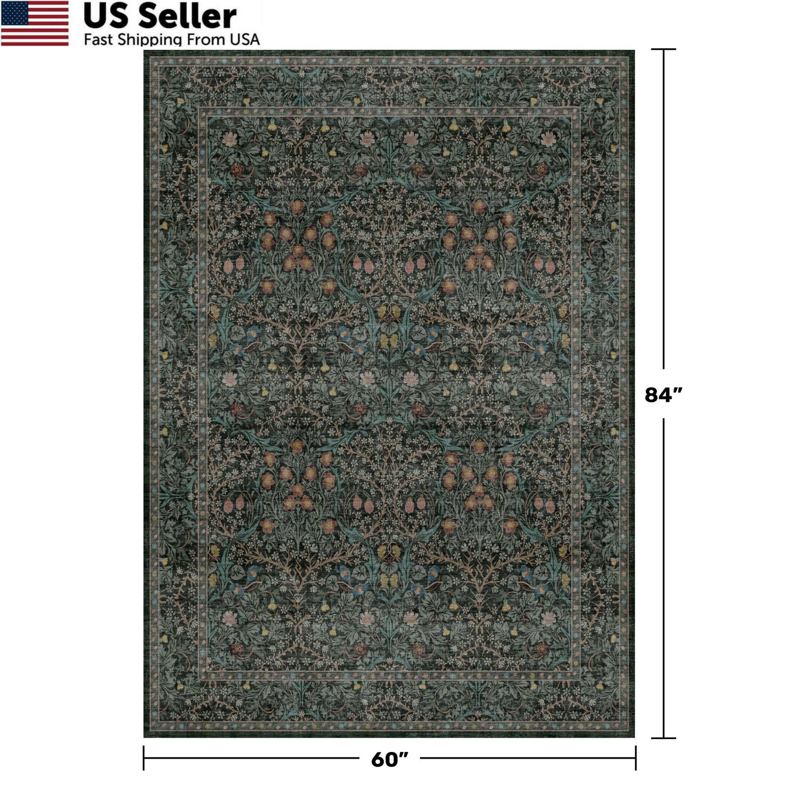 Dark Green Floral Living Room Rug 5′ x 7′ (Rectangular), / Black