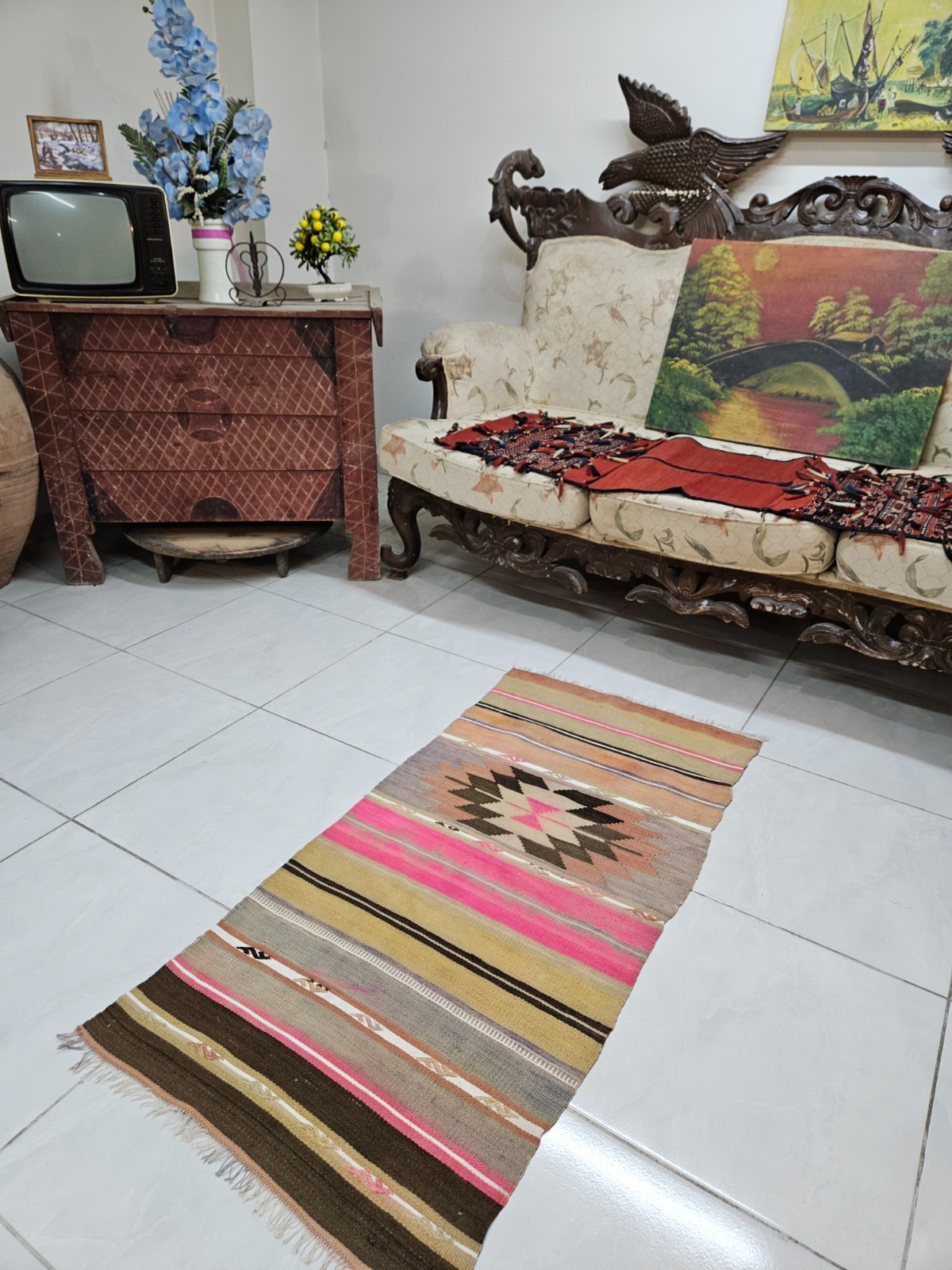 1.9 x 4 ft Vintage Handmade Turkish Kilim Rug with Diamond Medallion and Stripes