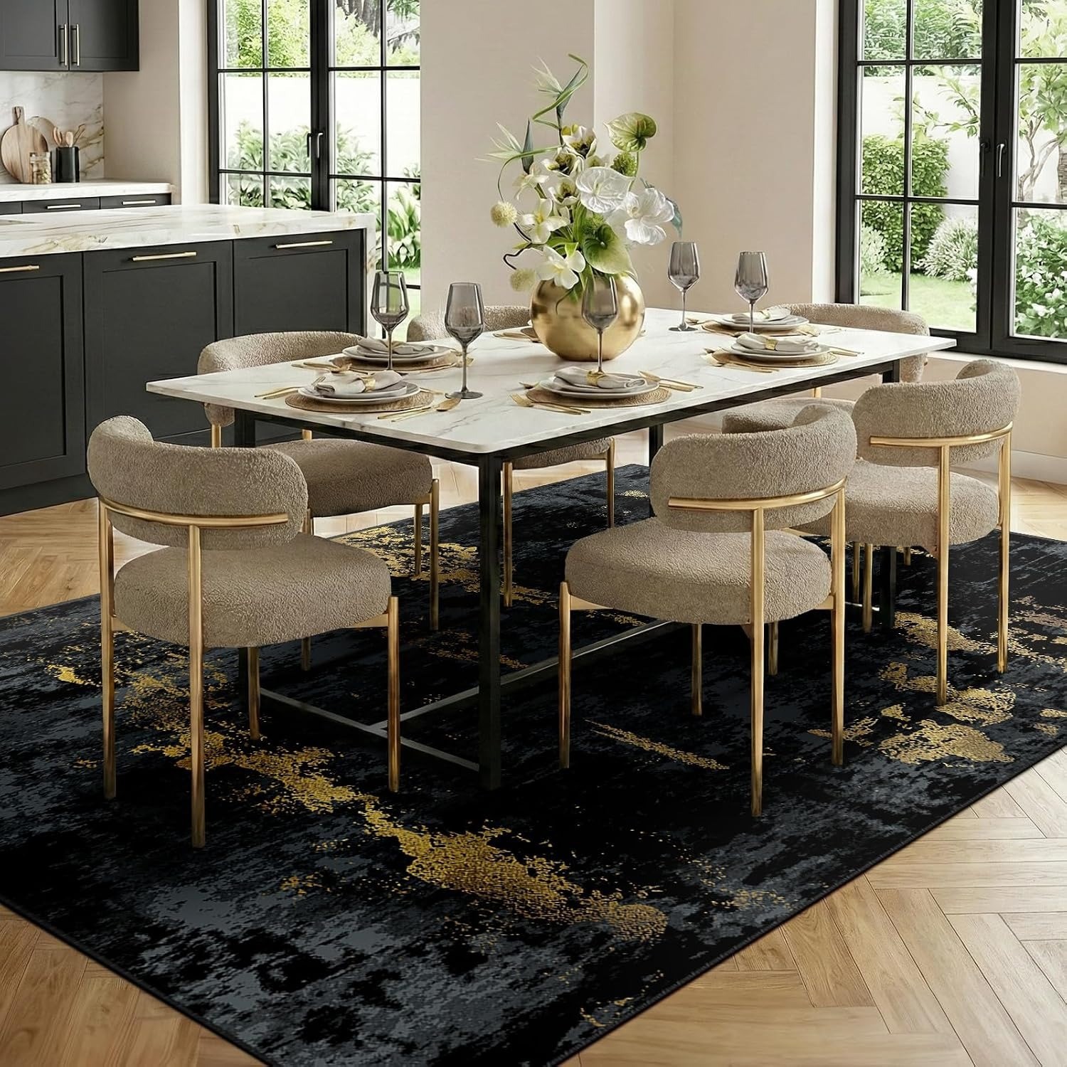 8’x10′ Washable Area Rugs Non-Slip Modern Abstract Soft Dark Black Gold