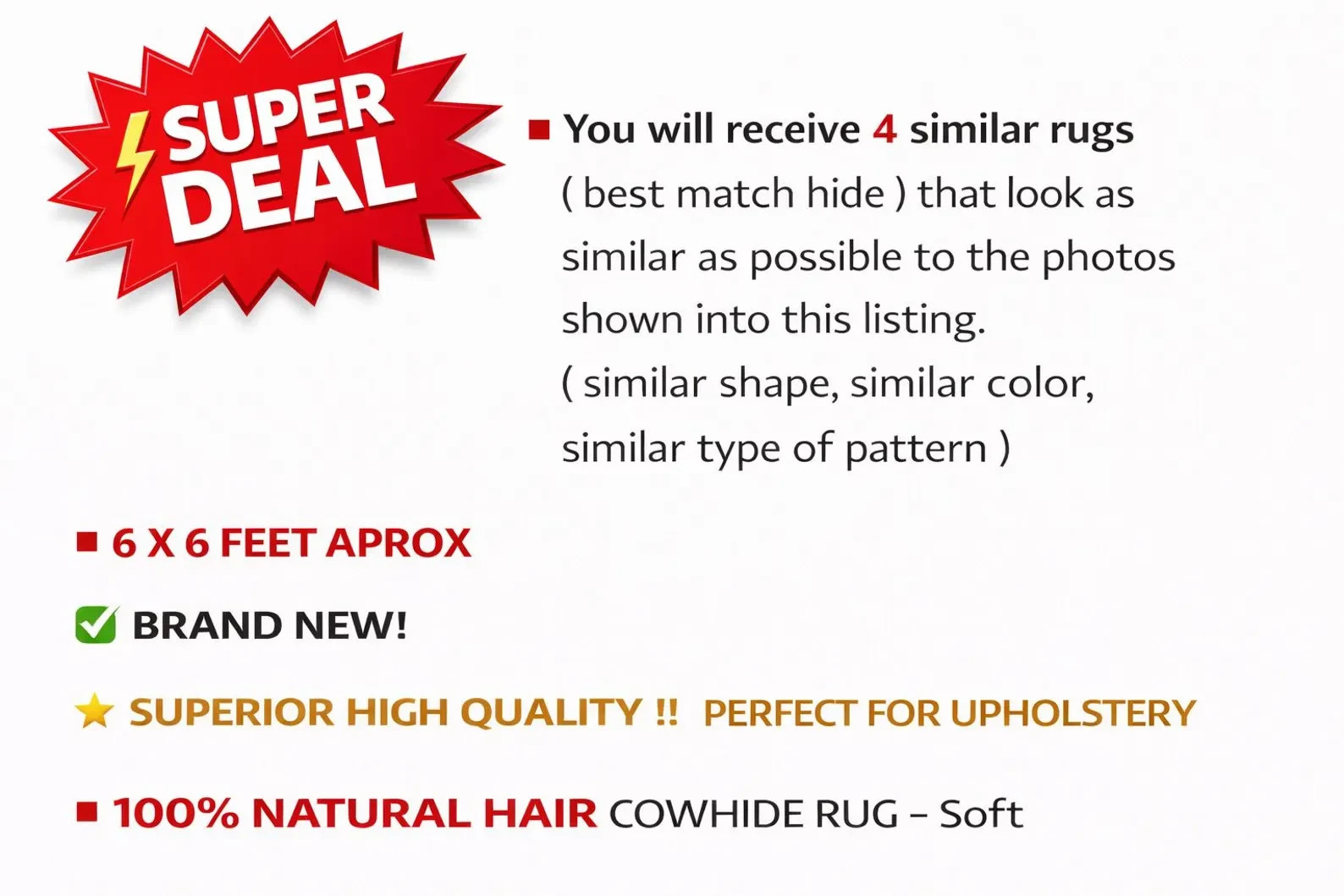 Cowhide Rugs Black & White 4 Pack 6×6 ft Each | Natural Leather Bundle