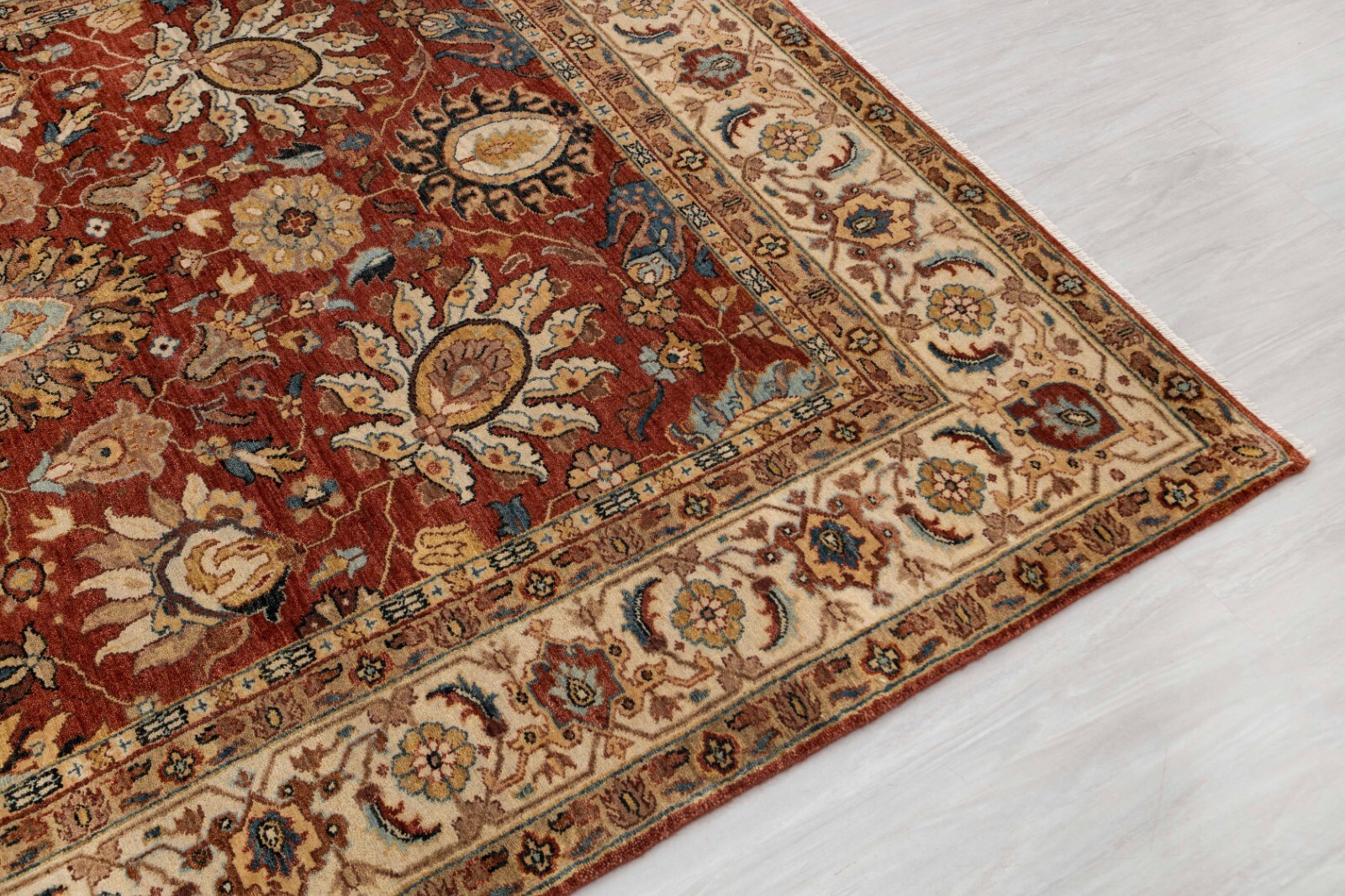 Rust Cream Vintage Reproduction Fine Density Soft Hand Knotted Wool Custom Rug