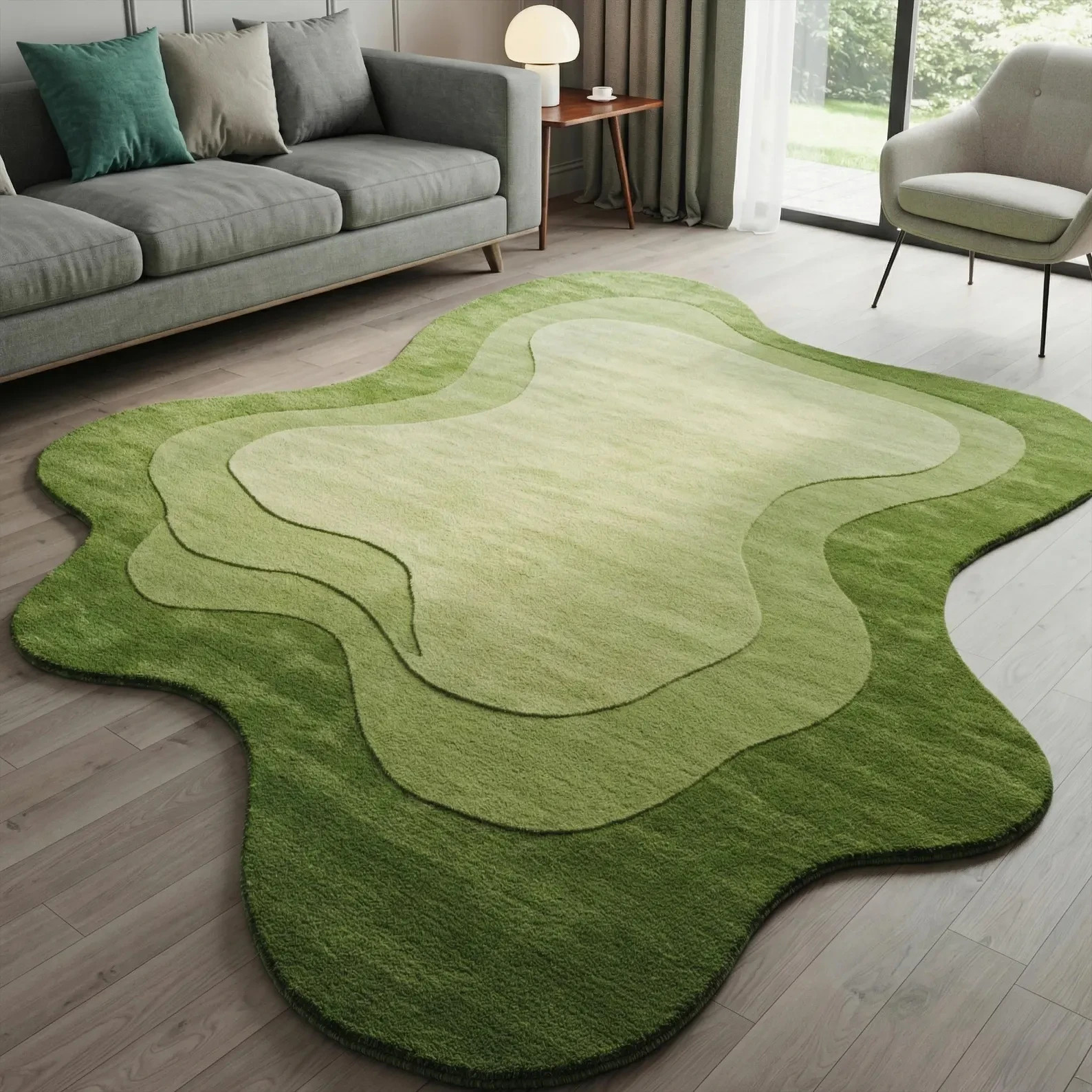 Green Irregular Tufted Wool Rug, Abstract Organic Shape Living Room Rug