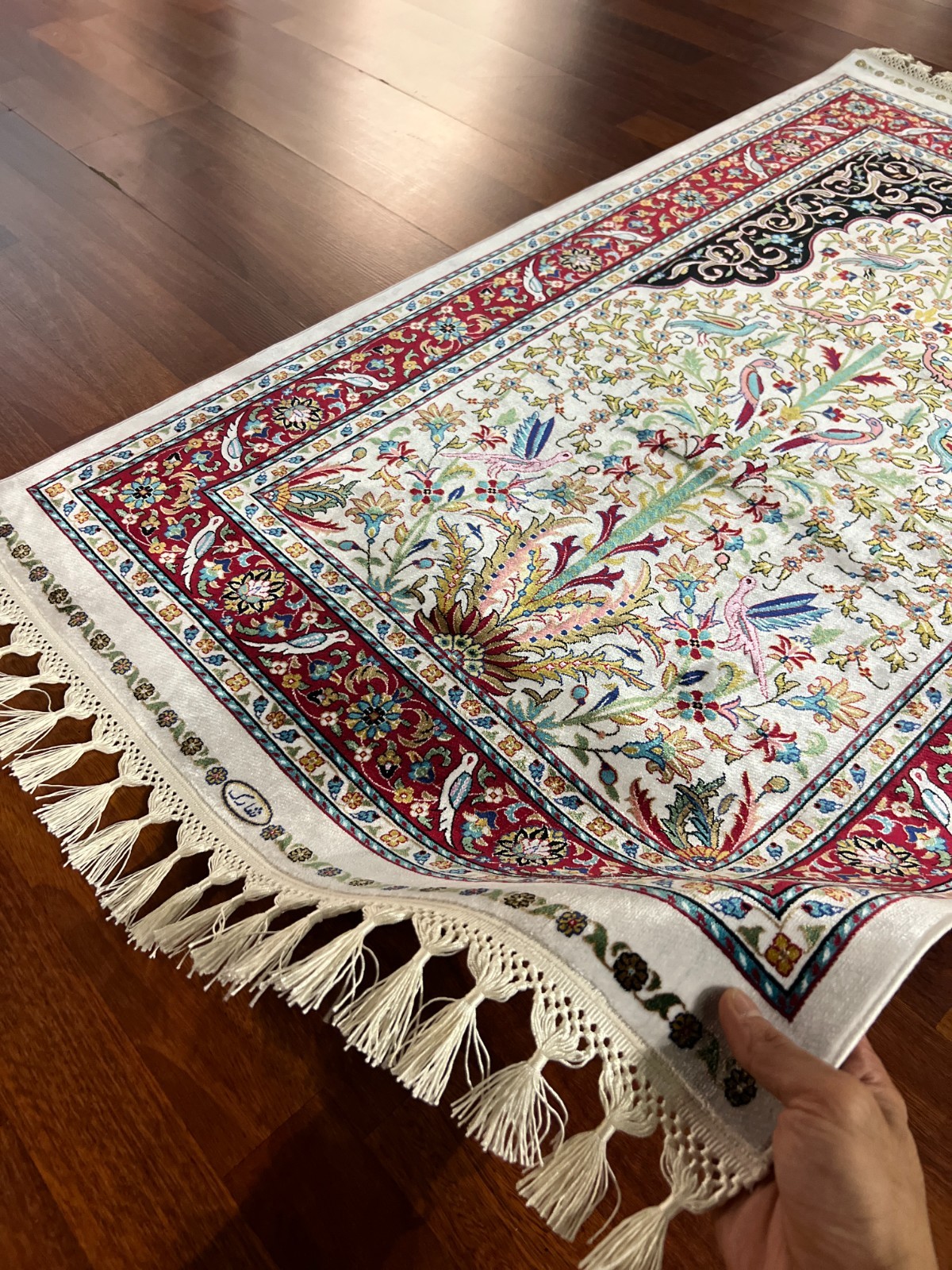 3×5 ft Muslim Gift Silk Prayer Rug Muslim Gift Rug Janamaz Beige Prayer Mat