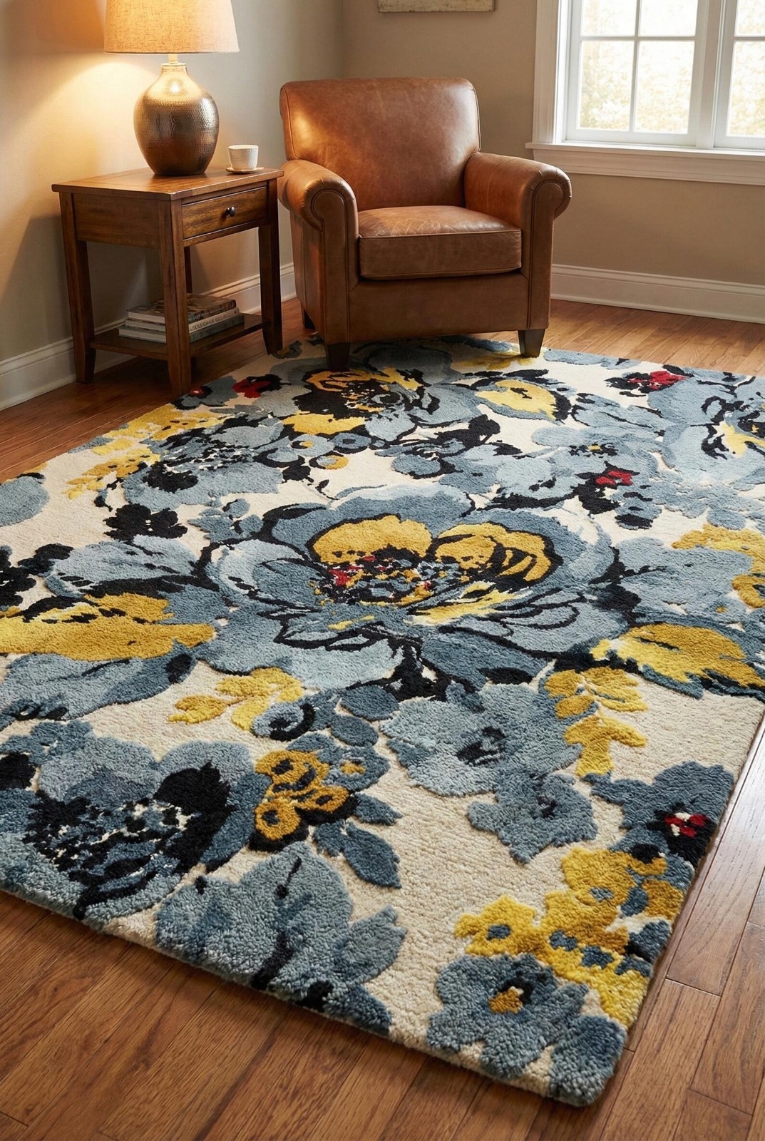 Hand Tufted Floral Area Rug – Blue & Yellow Wool Rug for Living Room, Bedroom