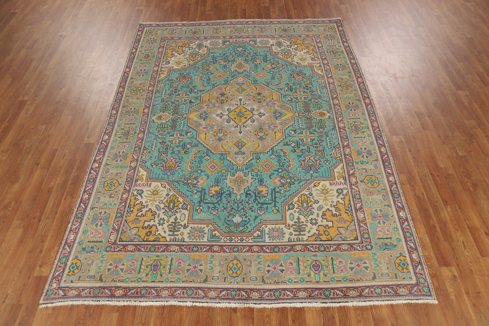 Turquoise Living Room Area Rug 7×10 Over-Dyed Wool Hand-knotted Geometric Carpet