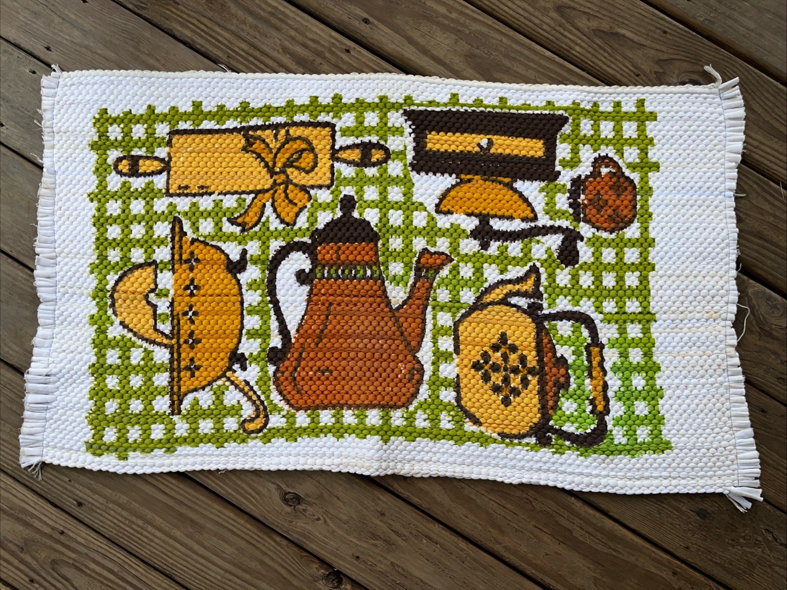 Vintage 70’s Rag Throw Rug Gold Orange Brown Green Coffee Tea Pots Grinder 24×43