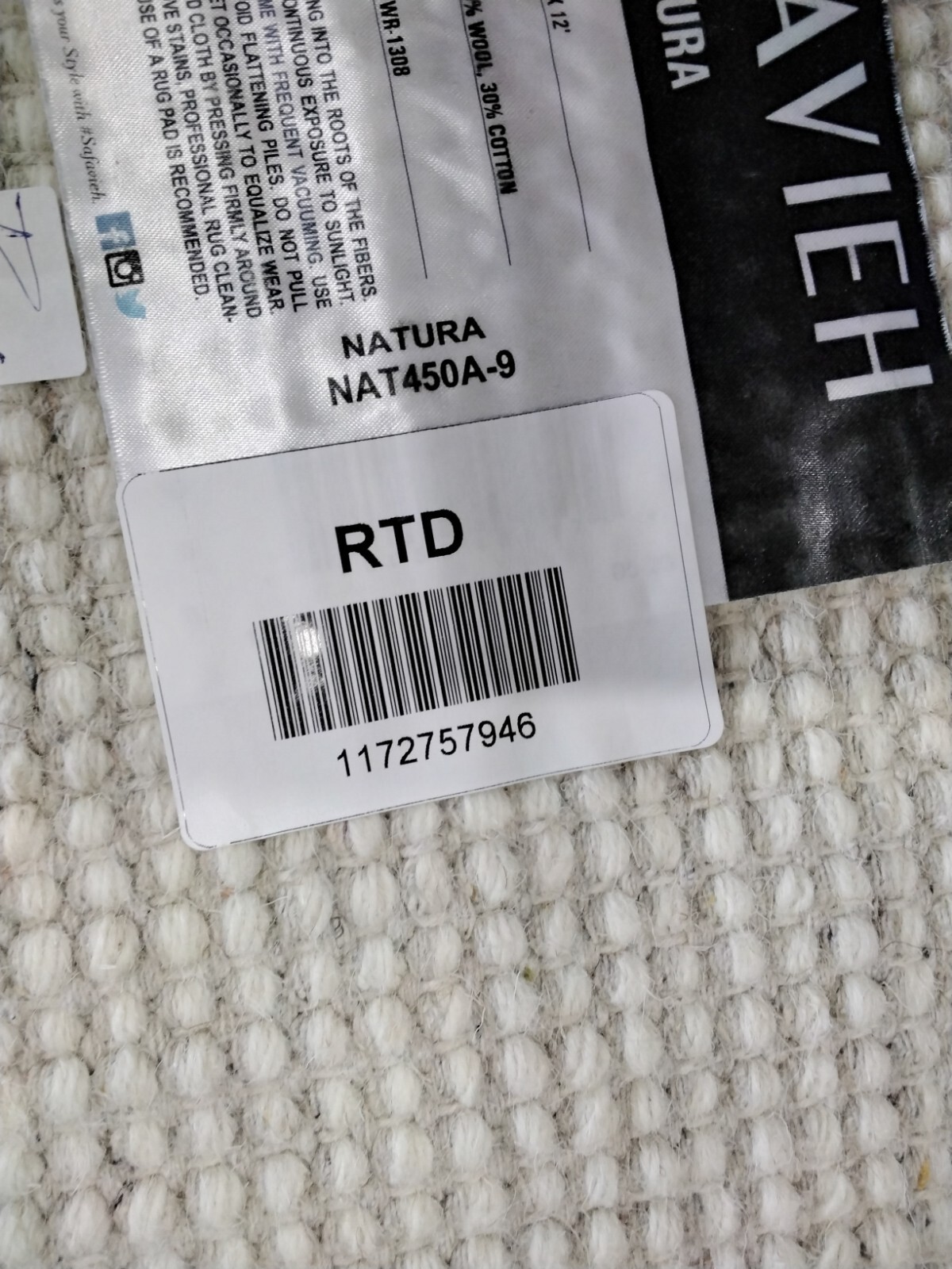 IVORY 9′ X 12′ Back Stain Rug, Reduced Price 1172757946 NAT450A-9