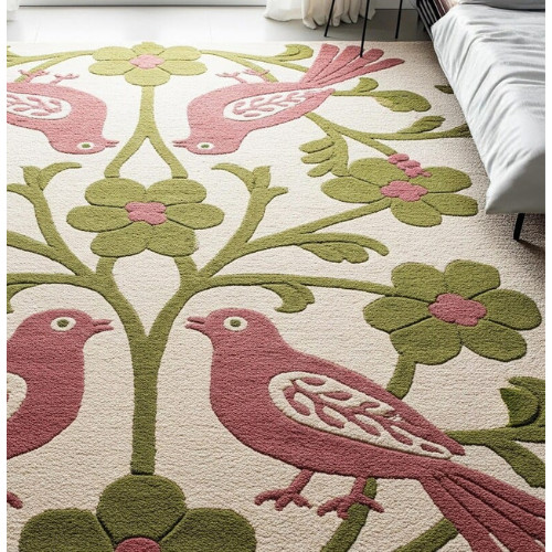 Floral Bird Wool Rug – Handmade Tufted Area Carpet in Pink & Green, Handmade Rug
