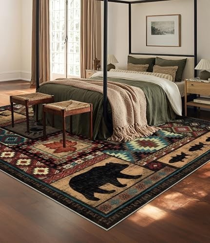 Rustic Cabin Area Rug 6×9 – Machine Washable Lodge Bear Design, Non-Slip, Low Pi