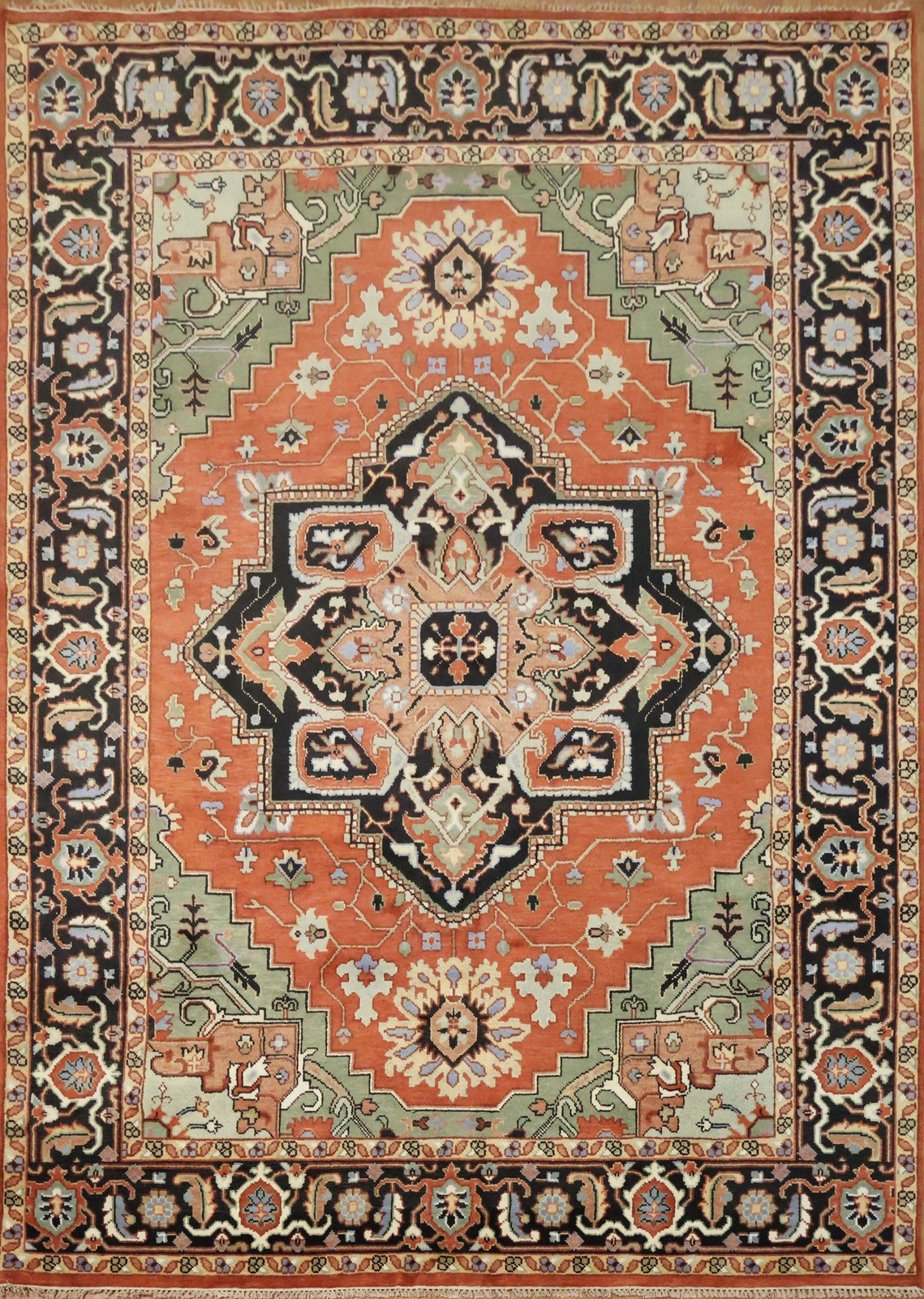 9×12 Luxurious Rust and Green Oriental Rug with Geometric Pattern