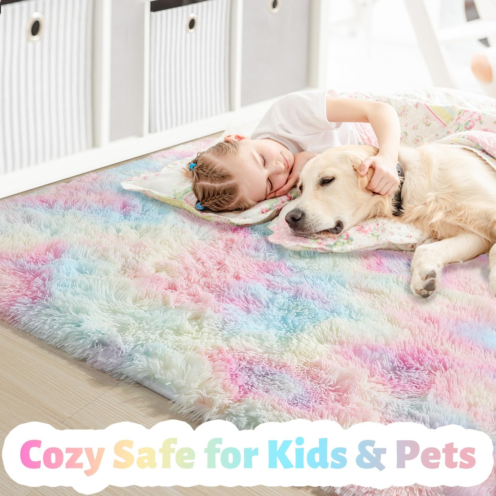 Rainbow Pastel Kids Rug – Cute Unicorn Shag Area Rug for Toddler Bedroom, Playro
